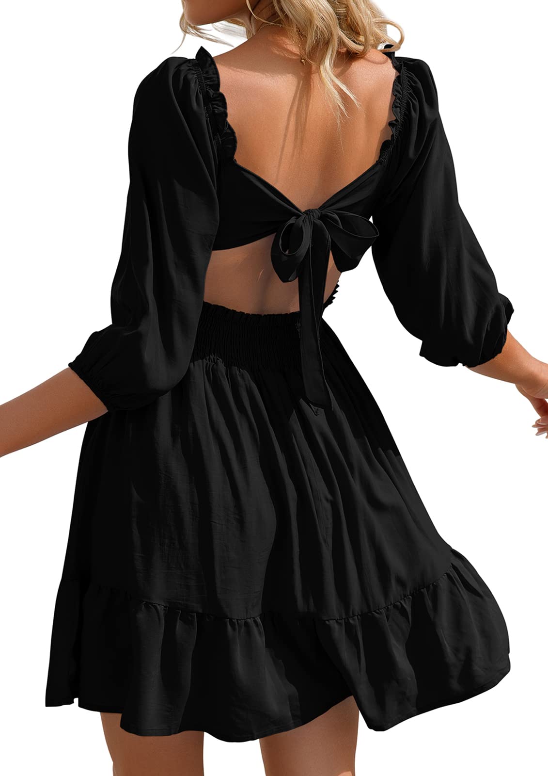 VIHTVIWE Womens Tie Back Summer Dress Square Neck Long Lantern Sleeve Off Shoulder A-Line Casual Mini Dresses