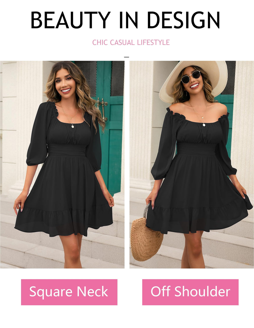 VIHTVIWE Womens Tie Back Summer Dress Square Neck Long Lantern Sleeve Off Shoulder A-Line Casual Mini Dresses