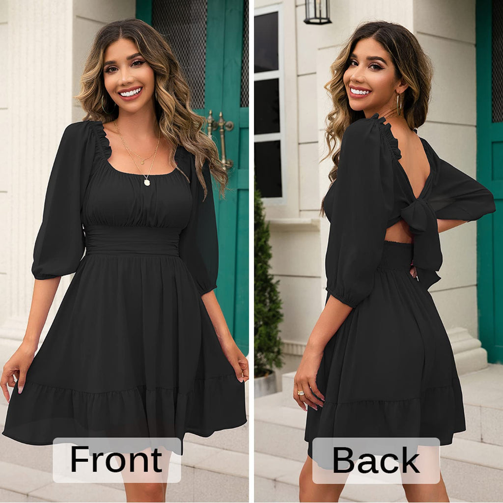 VIHTVIWE Womens Tie Back Summer Dress Square Neck Long Lantern Sleeve Off Shoulder A-Line Casual Mini Dresses