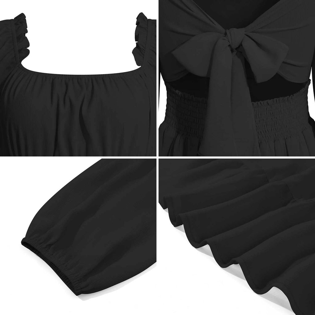 VIHTVIWE Womens Tie Back Summer Dress Square Neck Long Lantern Sleeve Off Shoulder A-Line Casual Mini Dresses