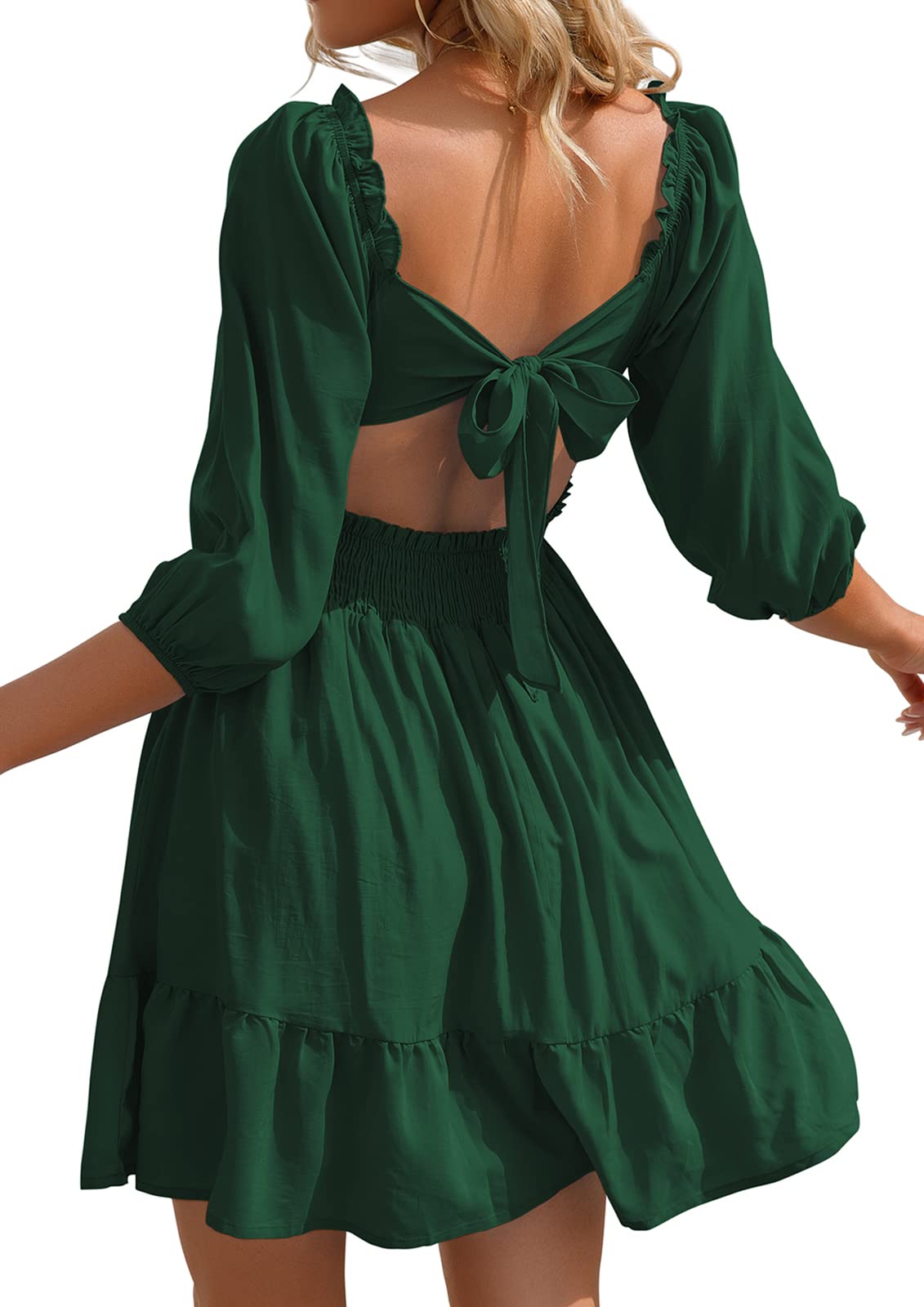 VIHTVIWE Womens Tie Back Summer Dress Square Neck Long Lantern Sleeve Off Shoulder A-Line Casual Mini Dresses