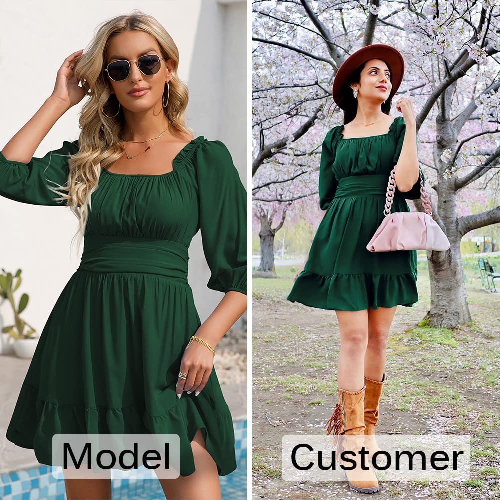 VIHTVIWE Womens Tie Back Summer Dress Square Neck Long Lantern Sleeve Off Shoulder A-Line Casual Mini Dresses