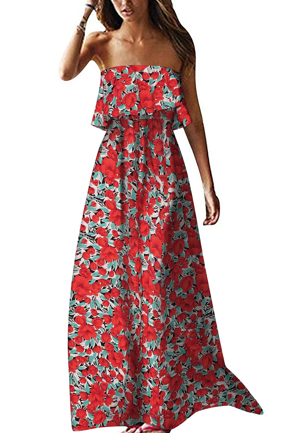 VIHTVIWE Women's Summer Off The Shoulder Maxi Dress Ruffle Strapless Blue White Porcelain Boho Casual Loose Long Dress