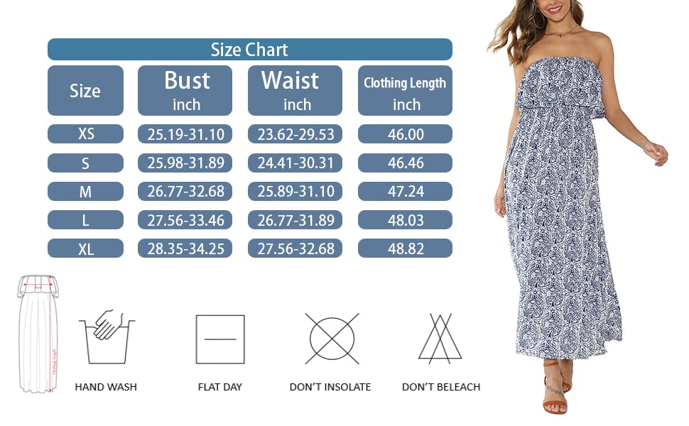 VIHTVIWE Women's Summer Off The Shoulder Maxi Dress Ruffle Strapless Blue White Porcelain Boho Casual Loose Long Dress