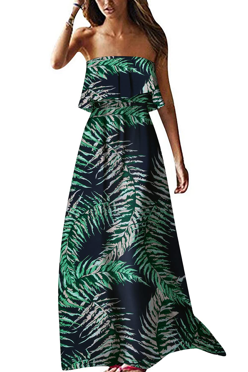 VIHTVIWE Women's Summer Off The Shoulder Maxi Dress Ruffle Strapless Blue White Porcelain Boho Casual Loose Long Dress