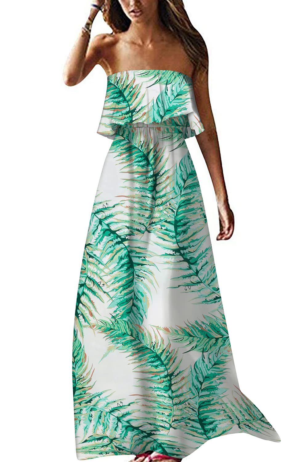 VIHTVIWE Women's Summer Off The Shoulder Maxi Dress Ruffle Strapless Blue White Porcelain Boho Casual Loose Long Dress