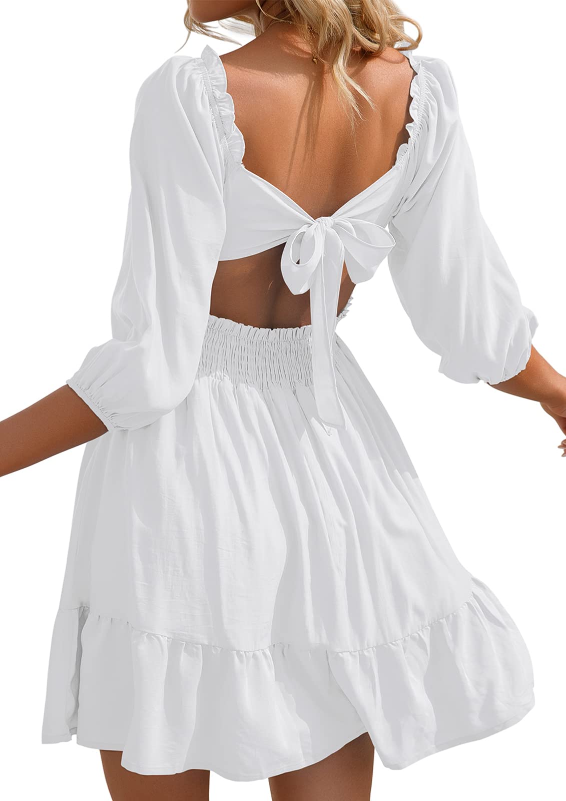 VIHTVIWE Womens Tie Back Summer Dress Square Neck Long Lantern Sleeve Off Shoulder A-Line Casual Mini Dresses