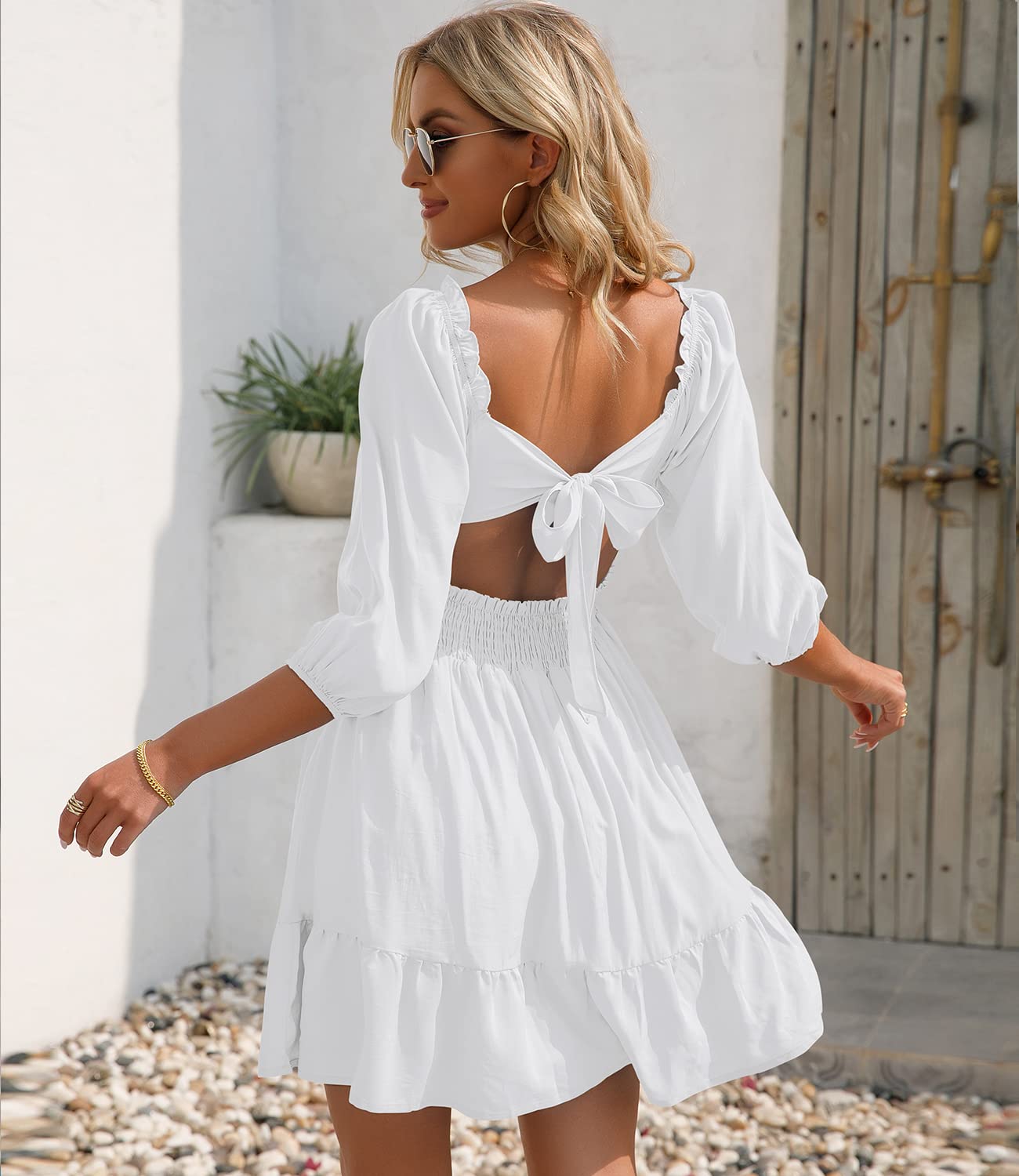 VIHTVIWE Womens Tie Back Summer Dress Square Neck Long Lantern Sleeve Off Shoulder A-Line Casual Mini Dresses