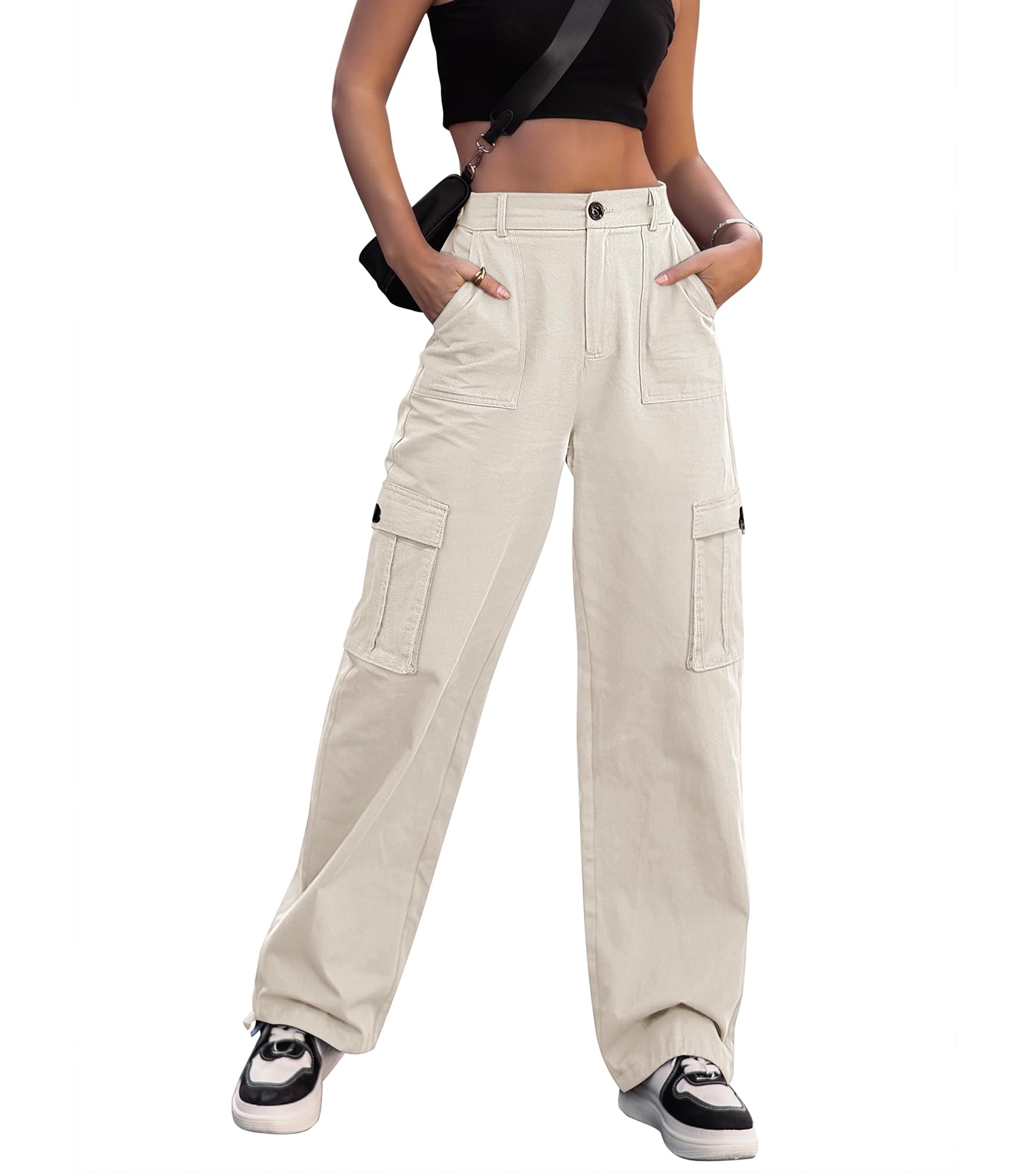 VIHTVIWE Women High Waisted Cargo Pants Wide Leg Casual Pants 6 Pockets Combat Military Trousers