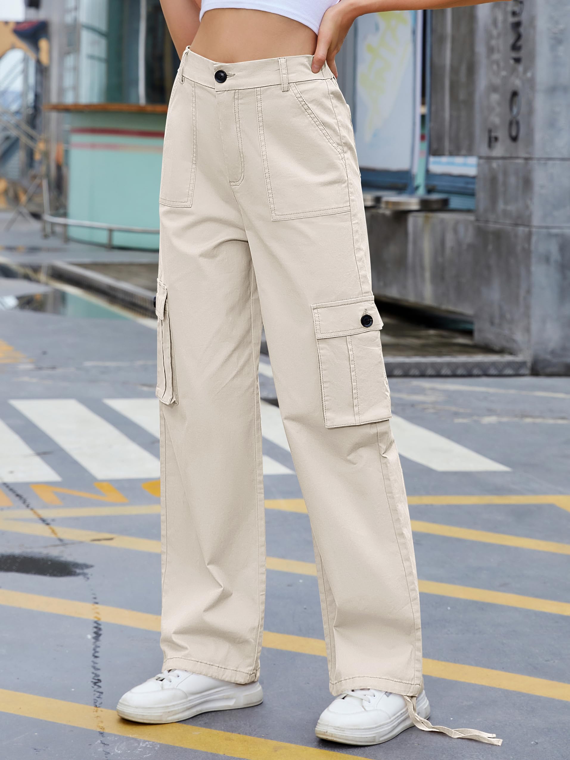 VIHTVIWE Women High Waisted Cargo Pants Wide Leg Casual Pants 6 Pockets Combat Military Trousers