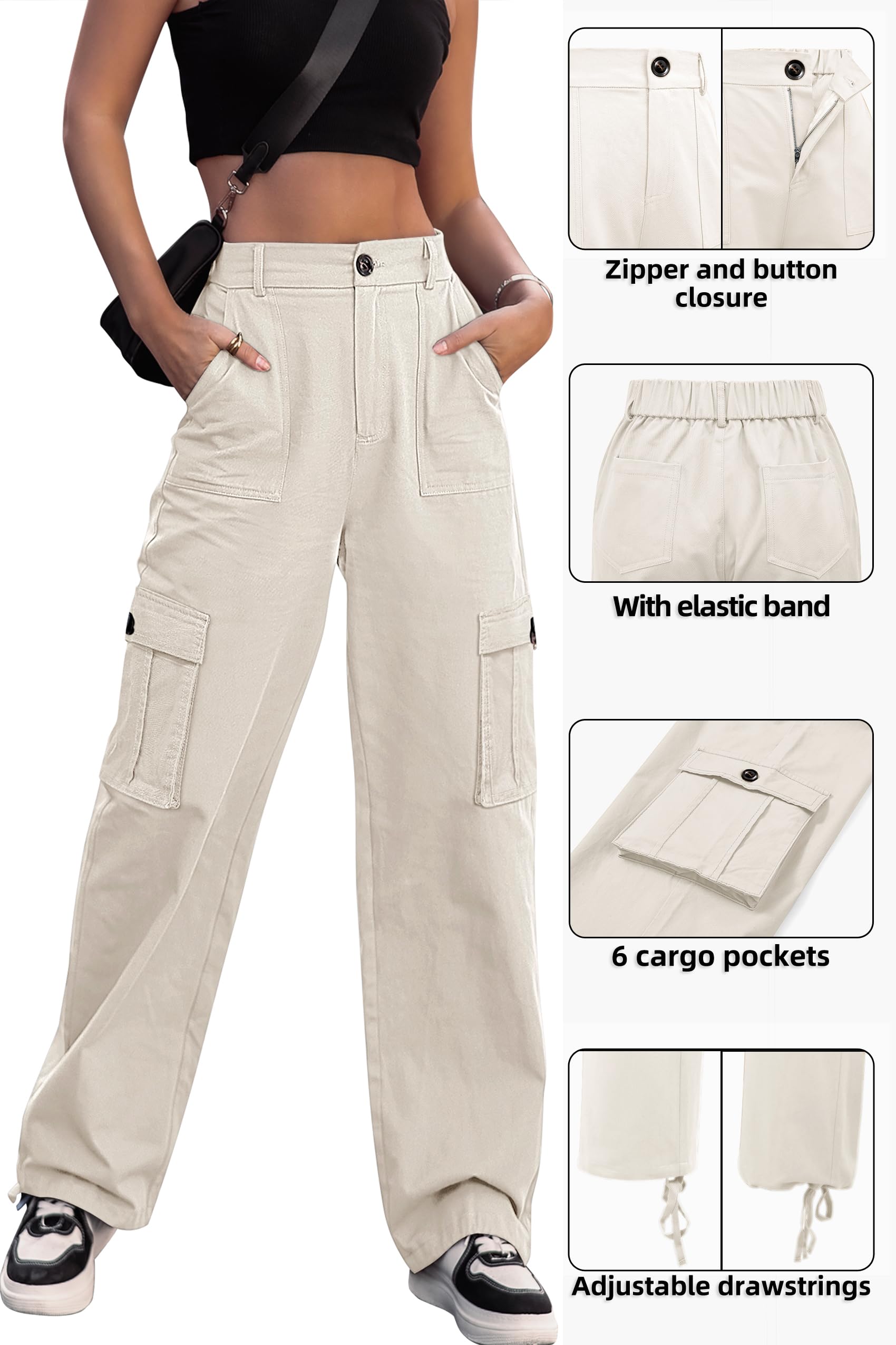 VIHTVIWE Women High Waisted Cargo Pants Wide Leg Casual Pants 6 Pockets Combat Military Trousers