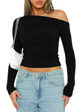 VIHTVIWE Womens Long Sleeve Off The Shoulder Tops Going Out Crop Tops Casual Y2K Slim Fit T Shirts