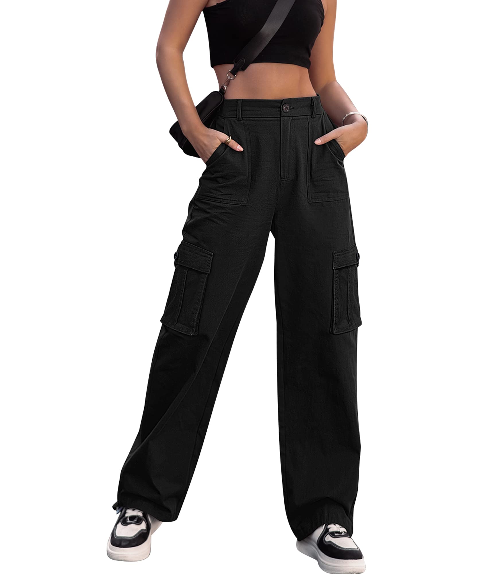 VIHTVIWE Women High Waisted Cargo Pants Wide Leg Casual Pants 6 Pockets Combat Military Trousers
