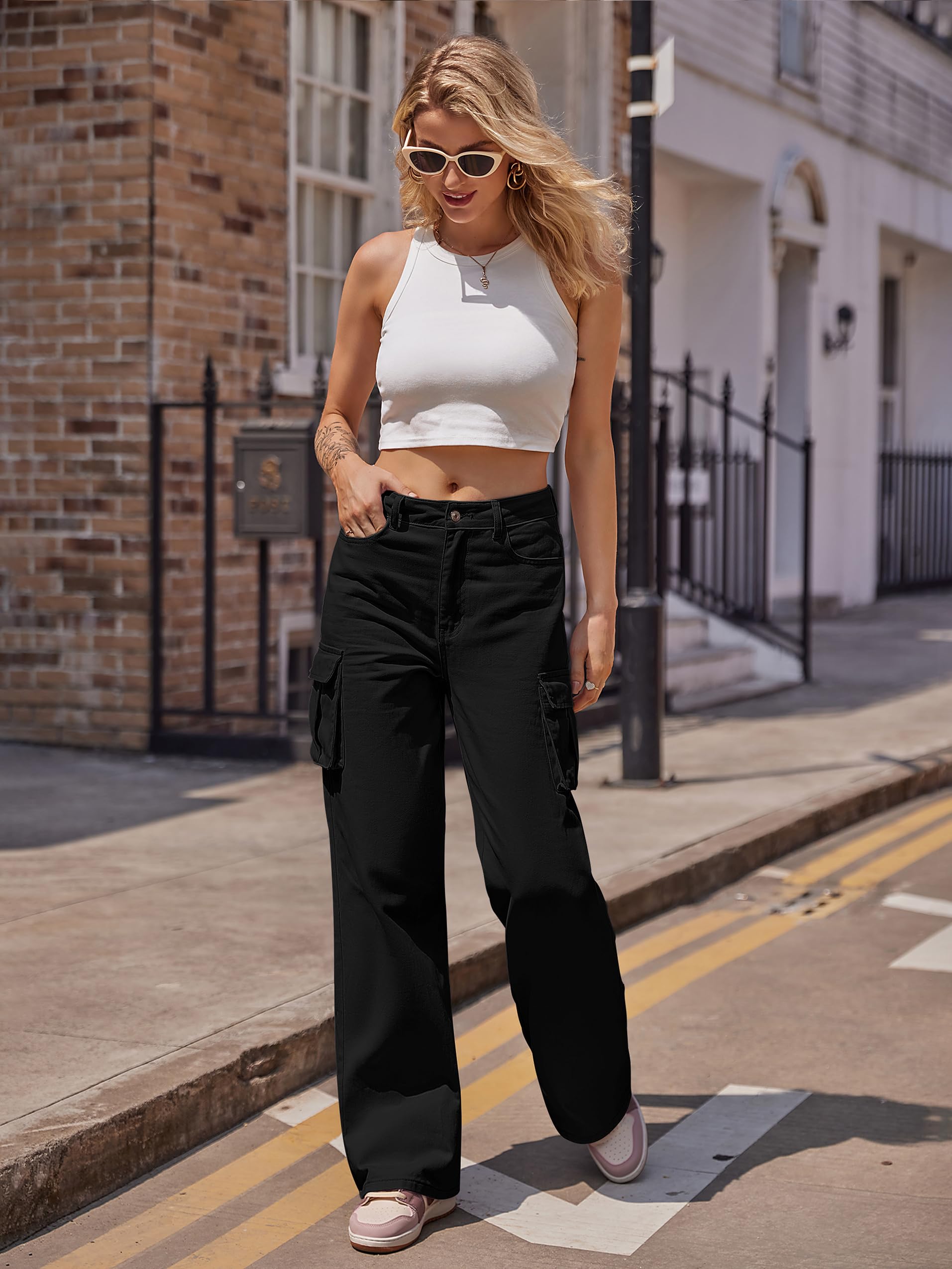 VIHTVIWE Womens Cargo Jeans High Waisted Wide Leg Baggy Denim Cargo Pants Flap Pocket Y2K Streetwear Casual Trousers