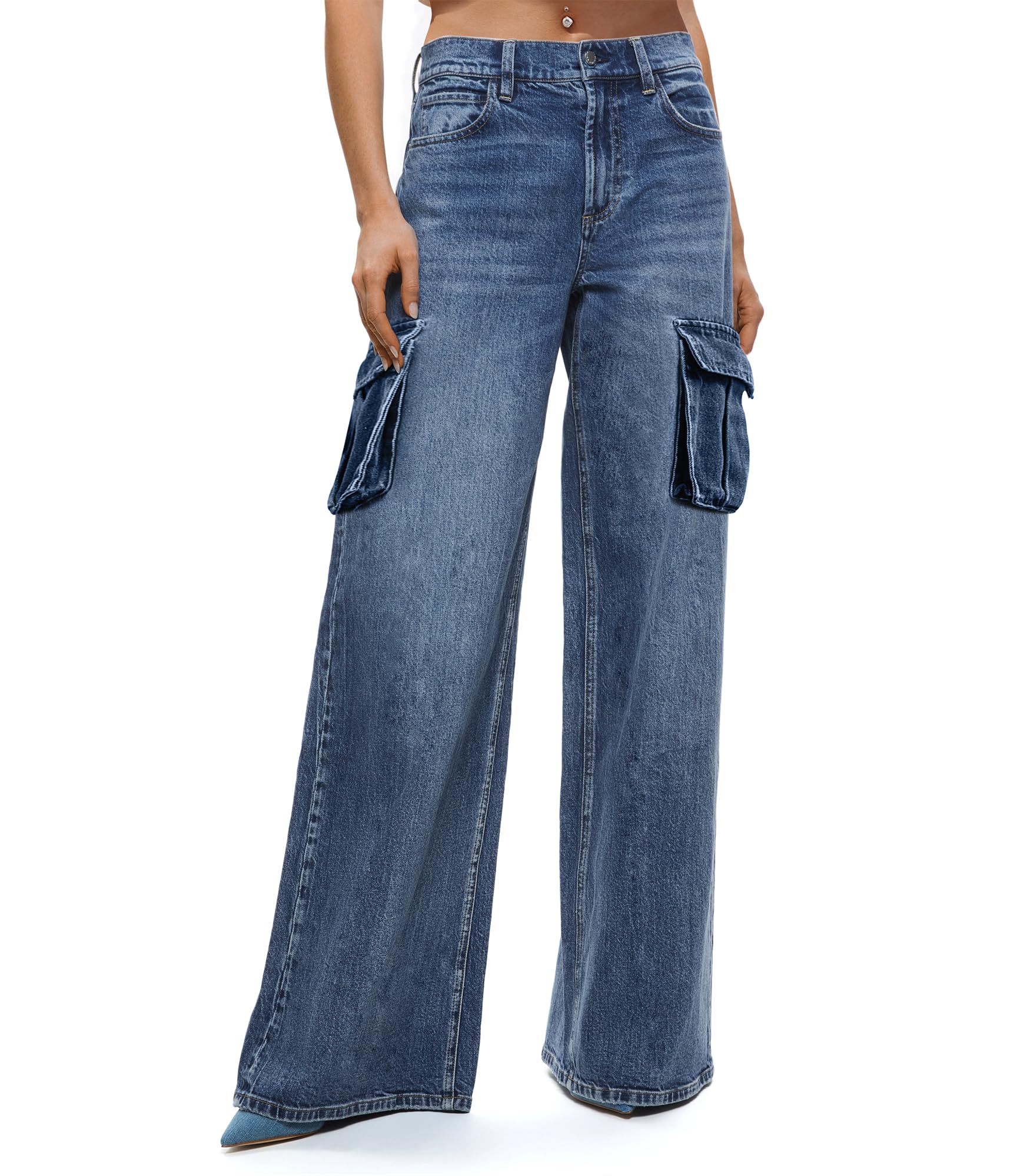 VIHTVIWE Womens Cargo Jeans High Waisted Wide Leg Baggy Denim Cargo Pants Flap Pocket Y2K Streetwear Casual Trousers