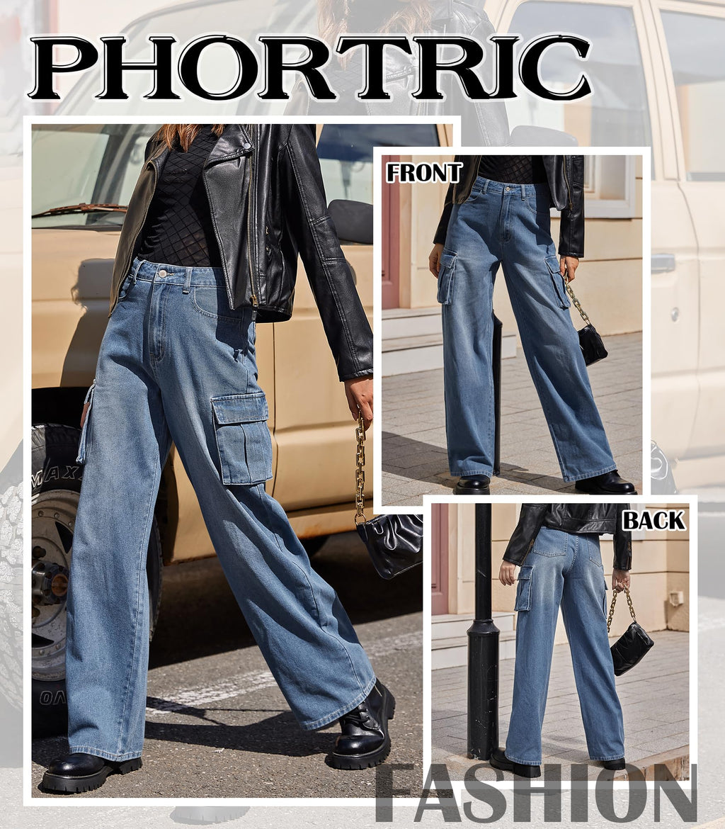 VIHTVIWE Womens Cargo Jeans High Waisted Wide Leg Baggy Denim Cargo Pants Flap Pocket Y2K Streetwear Casual Trousers