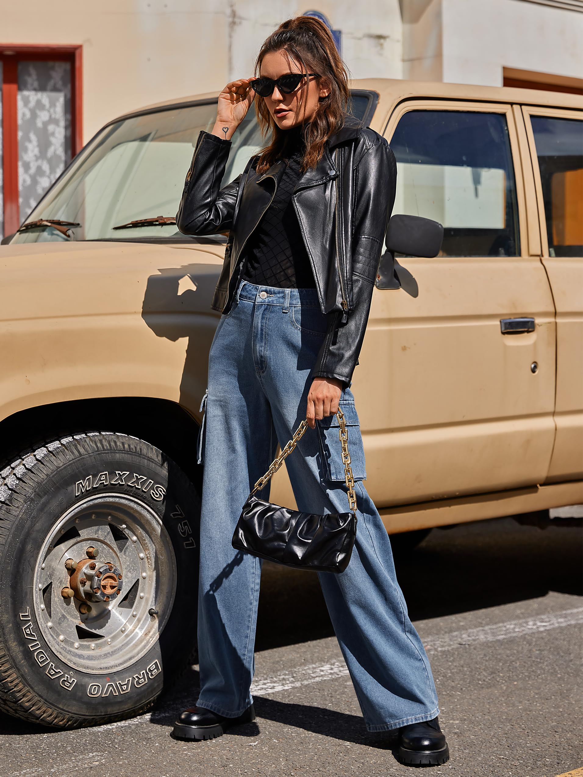 VIHTVIWE Womens Cargo Jeans High Waisted Wide Leg Baggy Denim Cargo Pants Flap Pocket Y2K Streetwear Casual Trousers