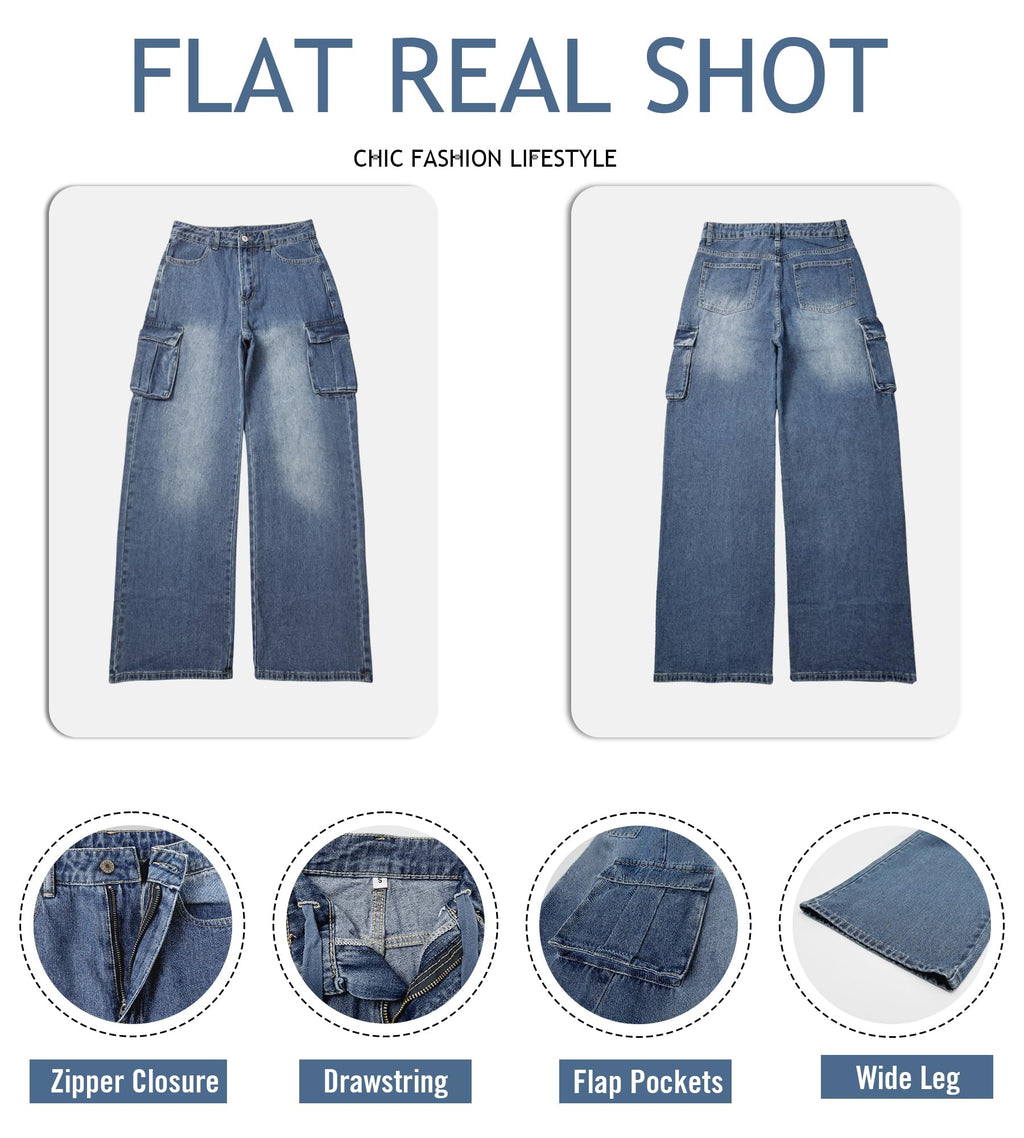 VIHTVIWE Womens Cargo Jeans High Waisted Wide Leg Baggy Denim Cargo Pants Flap Pocket Y2K Streetwear Casual Trousers