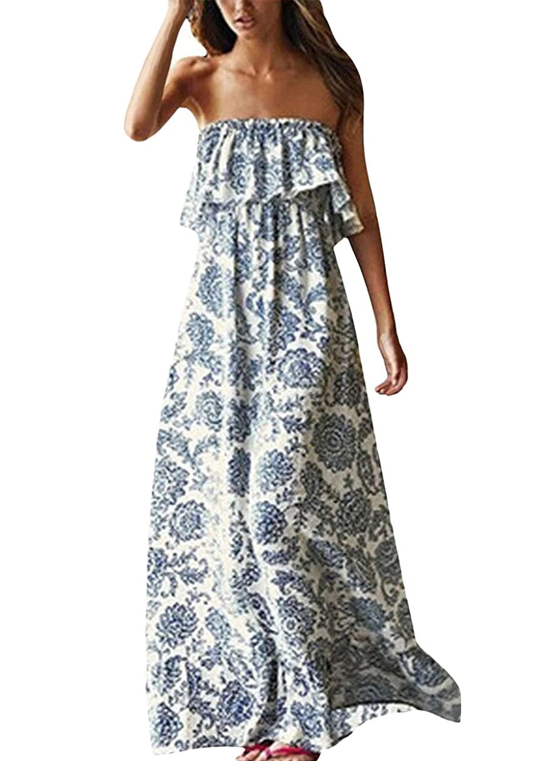 VIHTVIWE Women's Summer Off The Shoulder Maxi Dress Ruffle Strapless Blue White Porcelain Boho Casual Loose Long Dress
