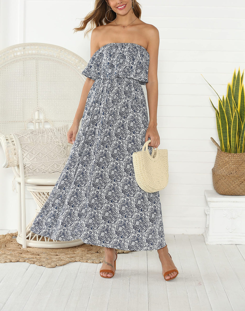 VIHTVIWE Women's Summer Off The Shoulder Maxi Dress Ruffle Strapless Blue White Porcelain Boho Casual Loose Long Dress