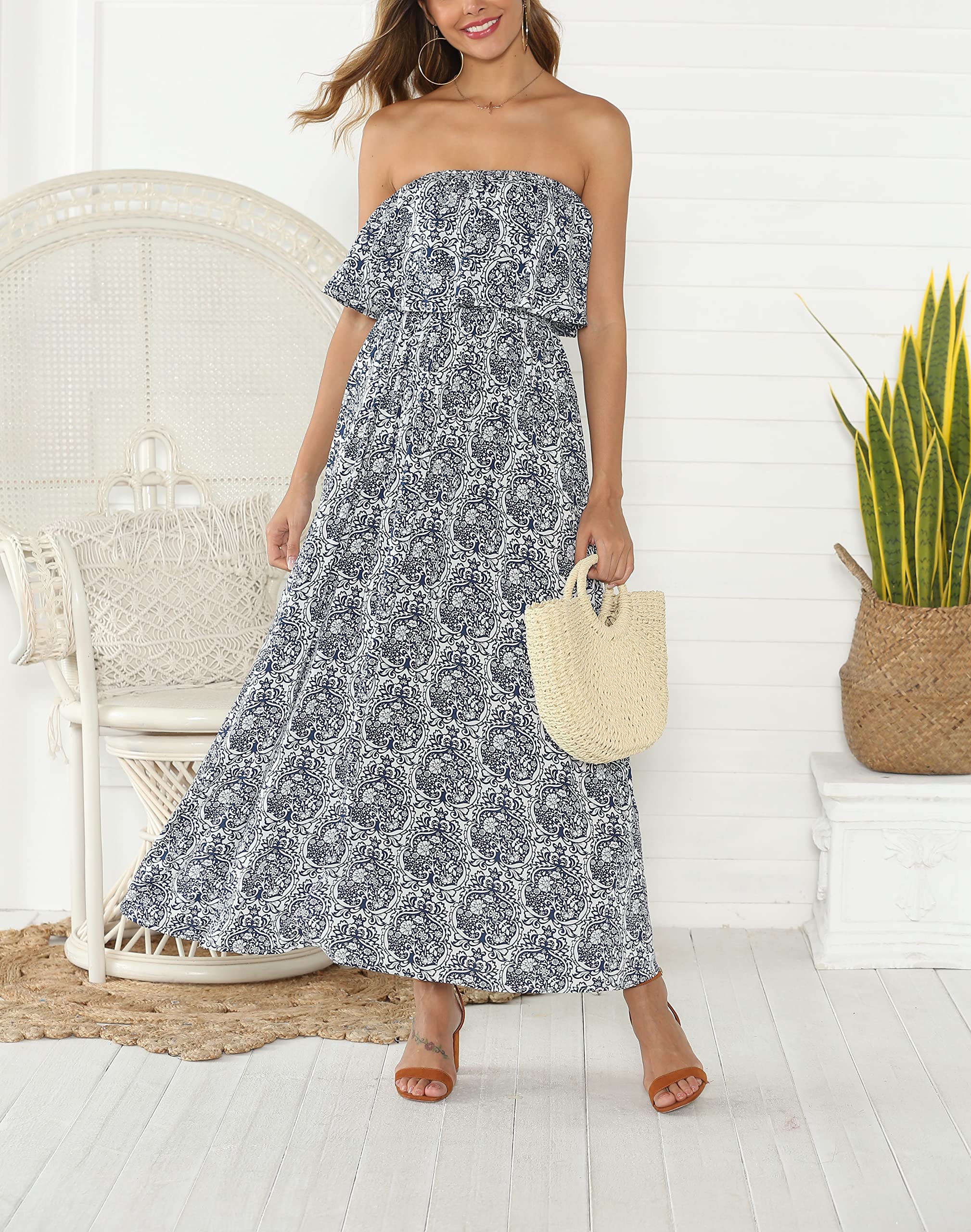 VIHTVIWE Women's Summer Off The Shoulder Maxi Dress Ruffle Strapless Blue White Porcelain Boho Casual Loose Long Dress