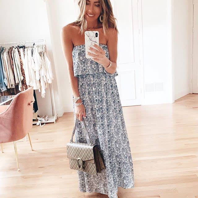 VIHTVIWE Women's Summer Off The Shoulder Maxi Dress Ruffle Strapless Blue White Porcelain Boho Casual Loose Long Dress