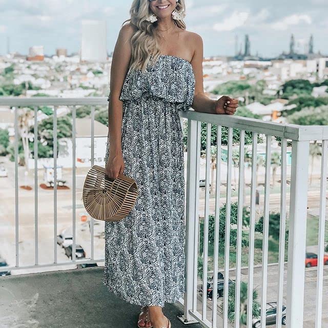 VIHTVIWE Women's Summer Off The Shoulder Maxi Dress Ruffle Strapless Blue White Porcelain Boho Casual Loose Long Dress