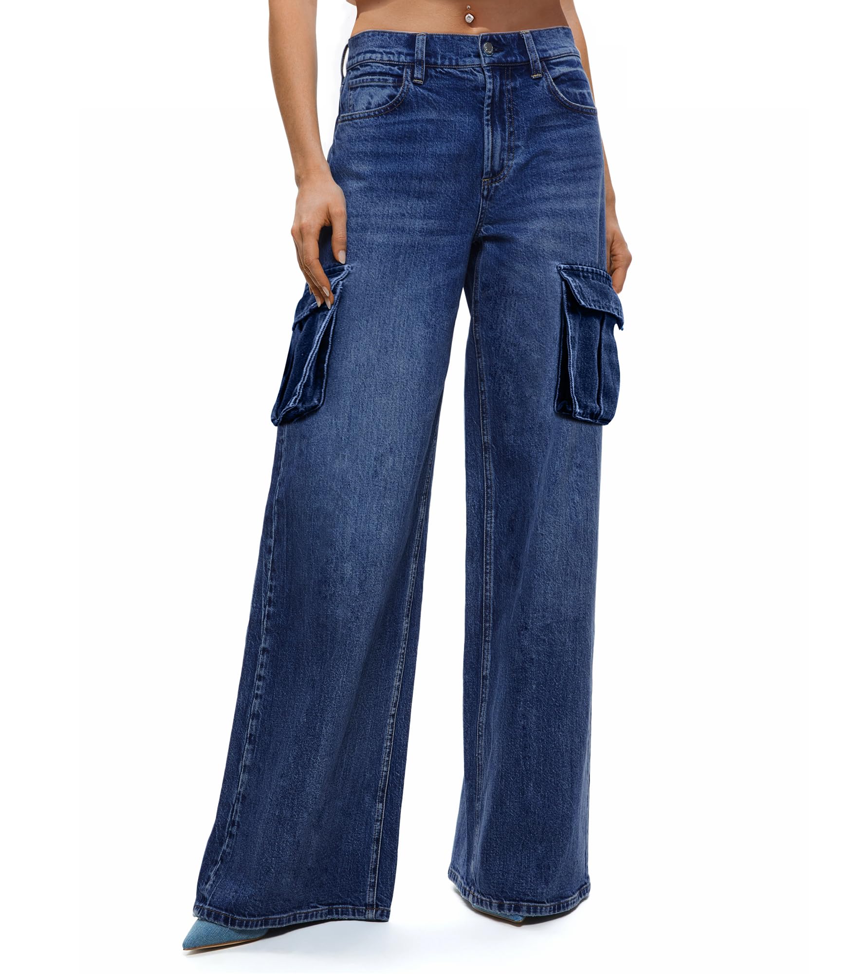 VIHTVIWE Womens Cargo Jeans High Waisted Wide Leg Baggy Denim Cargo Pants Flap Pocket Y2K Streetwear Casual Trousers