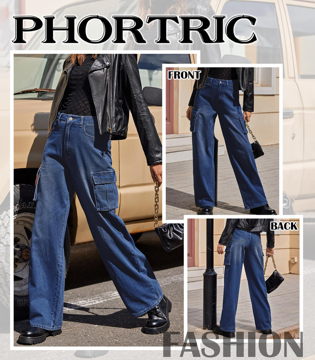VIHTVIWE Womens Cargo Jeans High Waisted Wide Leg Baggy Denim Cargo Pants Flap Pocket Y2K Streetwear Casual Trousers