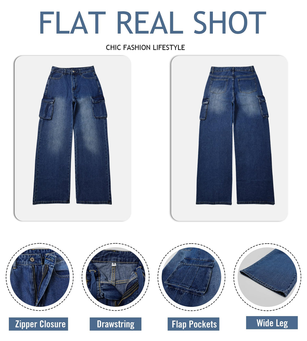 VIHTVIWE Womens Cargo Jeans High Waisted Wide Leg Baggy Denim Cargo Pants Flap Pocket Y2K Streetwear Casual Trousers