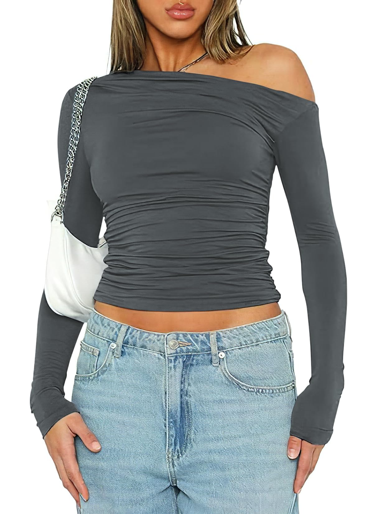 VIHTVIWE Womens Long Sleeve Off The Shoulder Tops Going Out Crop Tops Casual Y2K Slim Fit T Shirts