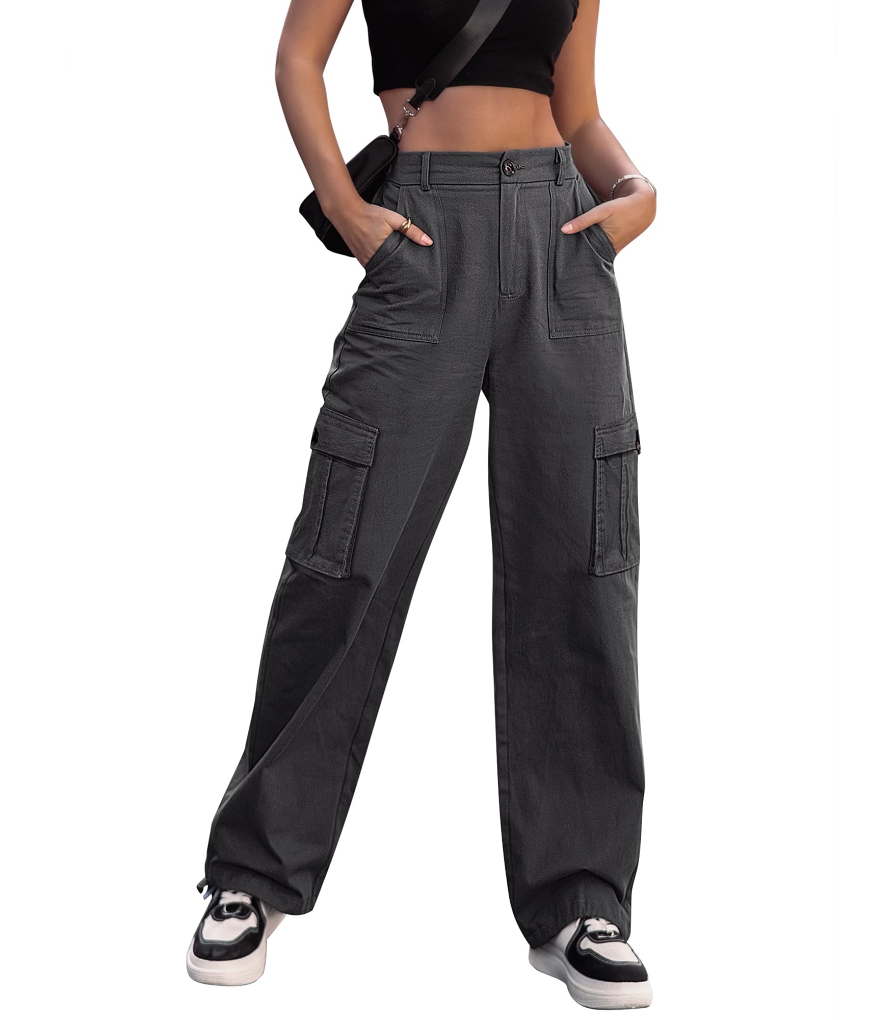 VIHTVIWE Women High Waisted Cargo Pants Wide Leg Casual Pants 6 Pockets Combat Military Trousers