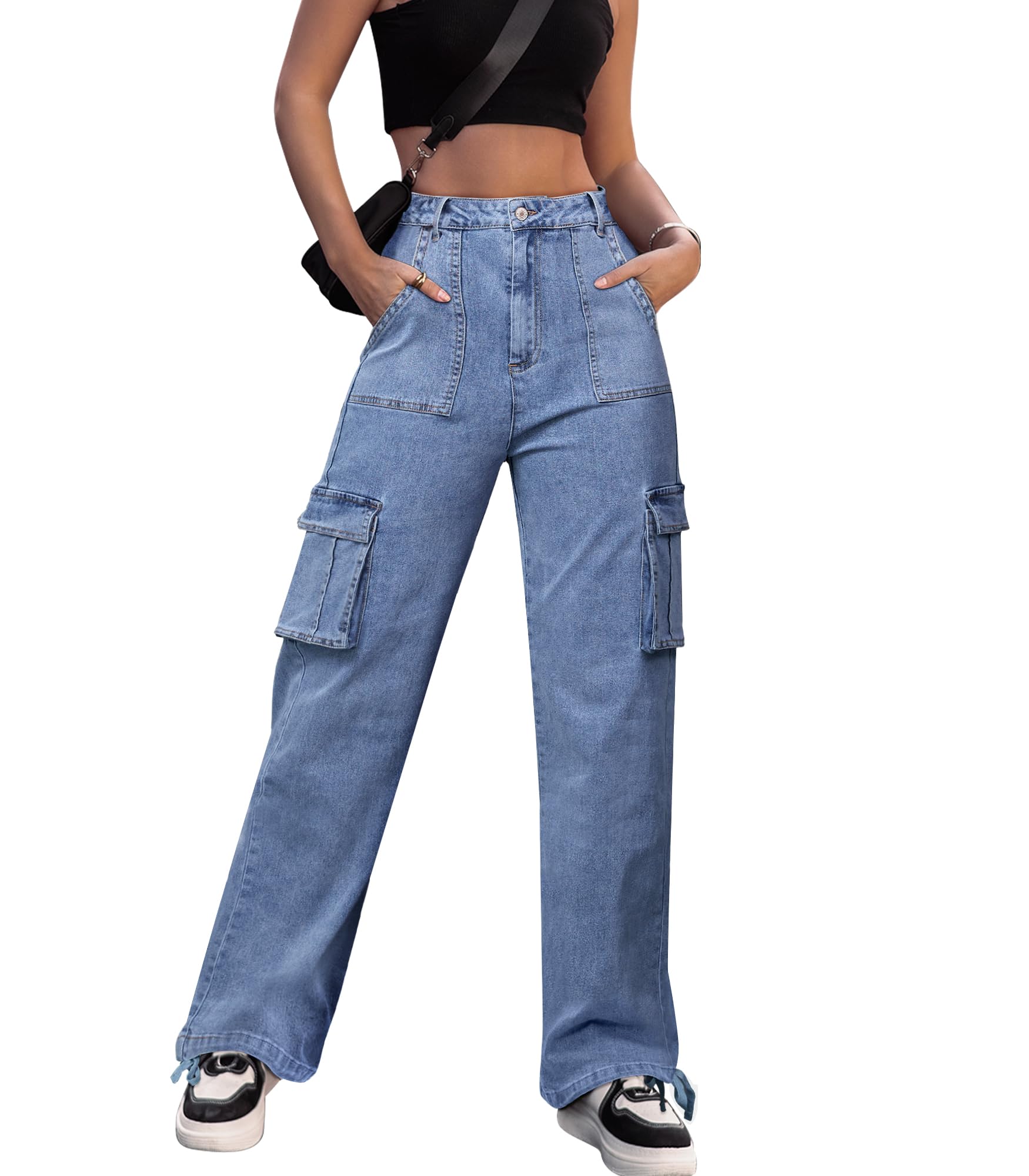 VIHTVIWE Women High Waisted Cargo Pants Wide Leg Casual Pants 6 Pockets Combat Military Trousers
