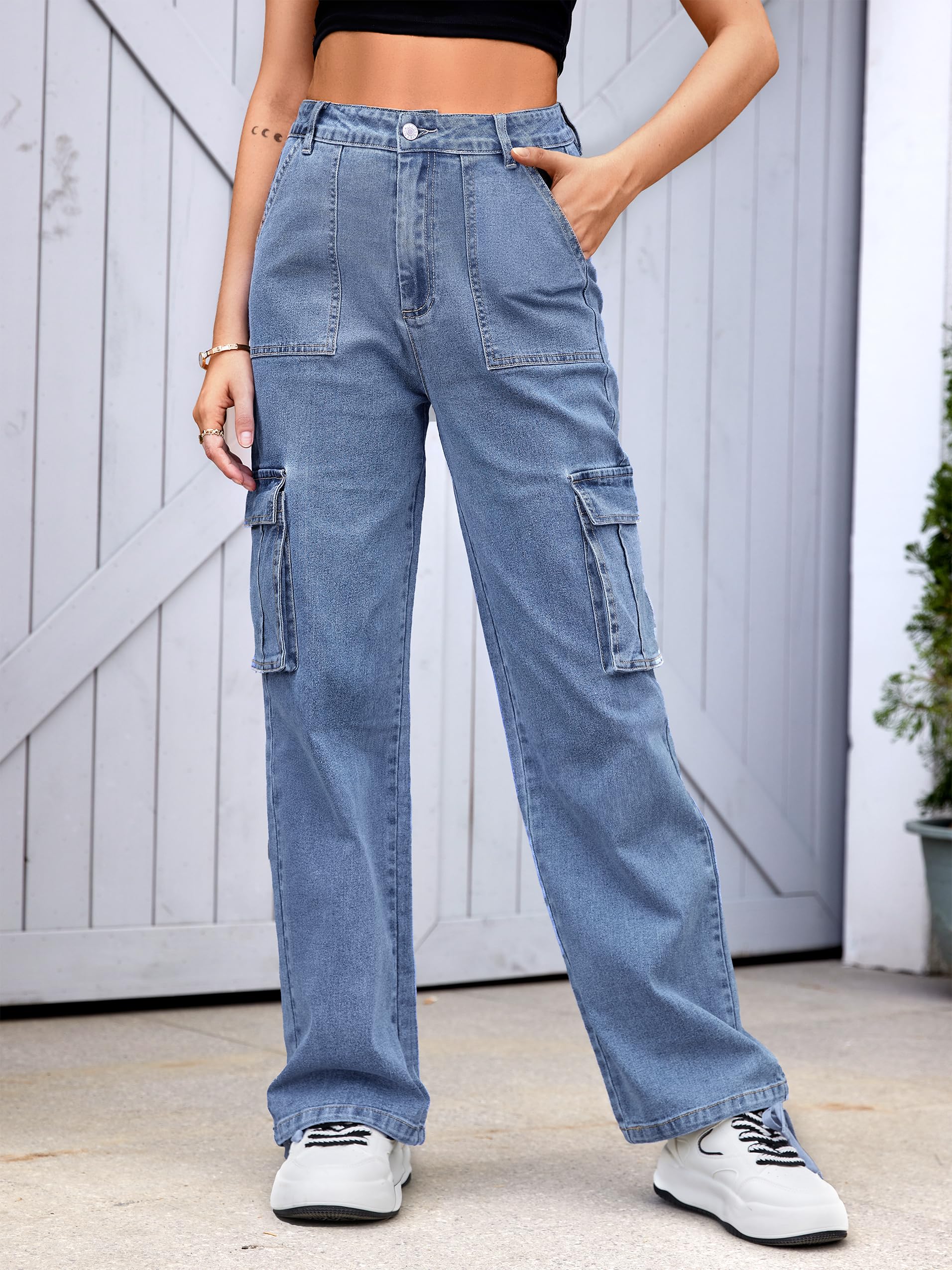 VIHTVIWE Women High Waisted Cargo Pants Wide Leg Casual Pants 6 Pockets Combat Military Trousers