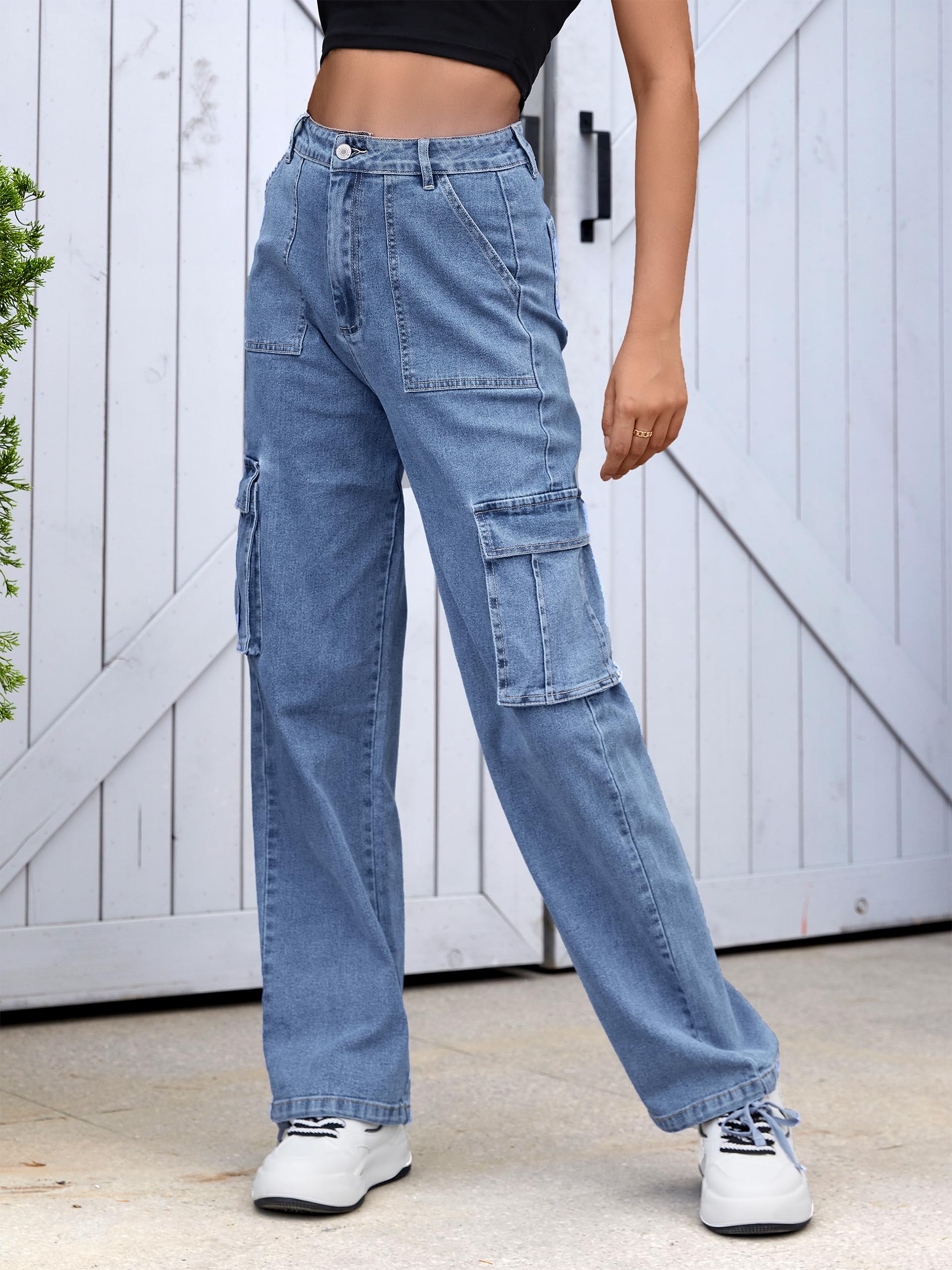 VIHTVIWE Women High Waisted Cargo Pants Wide Leg Casual Pants 6 Pockets Combat Military Trousers