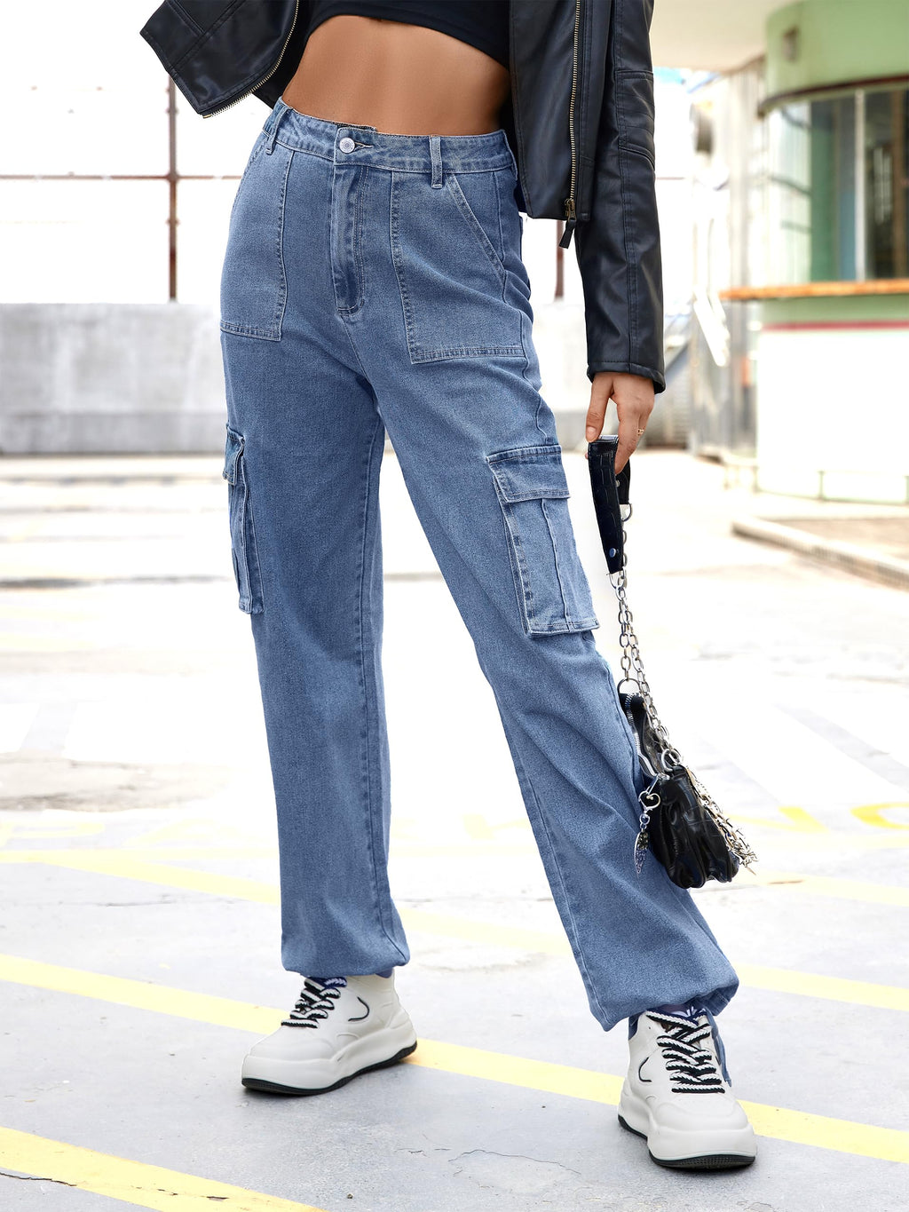VIHTVIWE Women High Waisted Cargo Pants Wide Leg Casual Pants 6 Pockets Combat Military Trousers