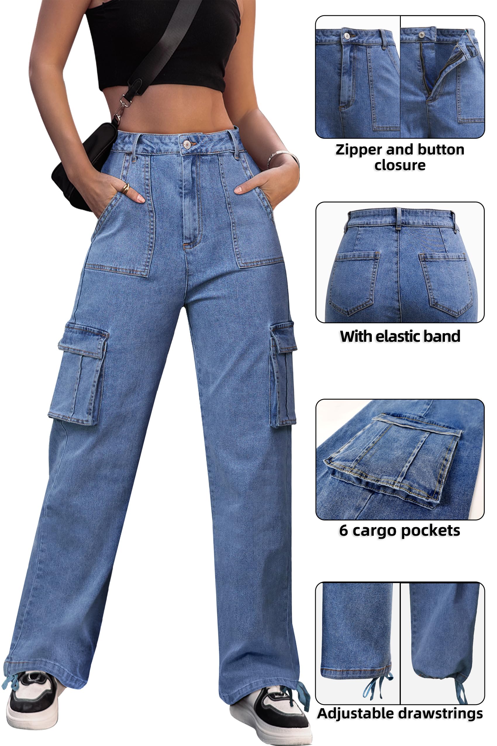 VIHTVIWE Women High Waisted Cargo Pants Wide Leg Casual Pants 6 Pockets Combat Military Trousers