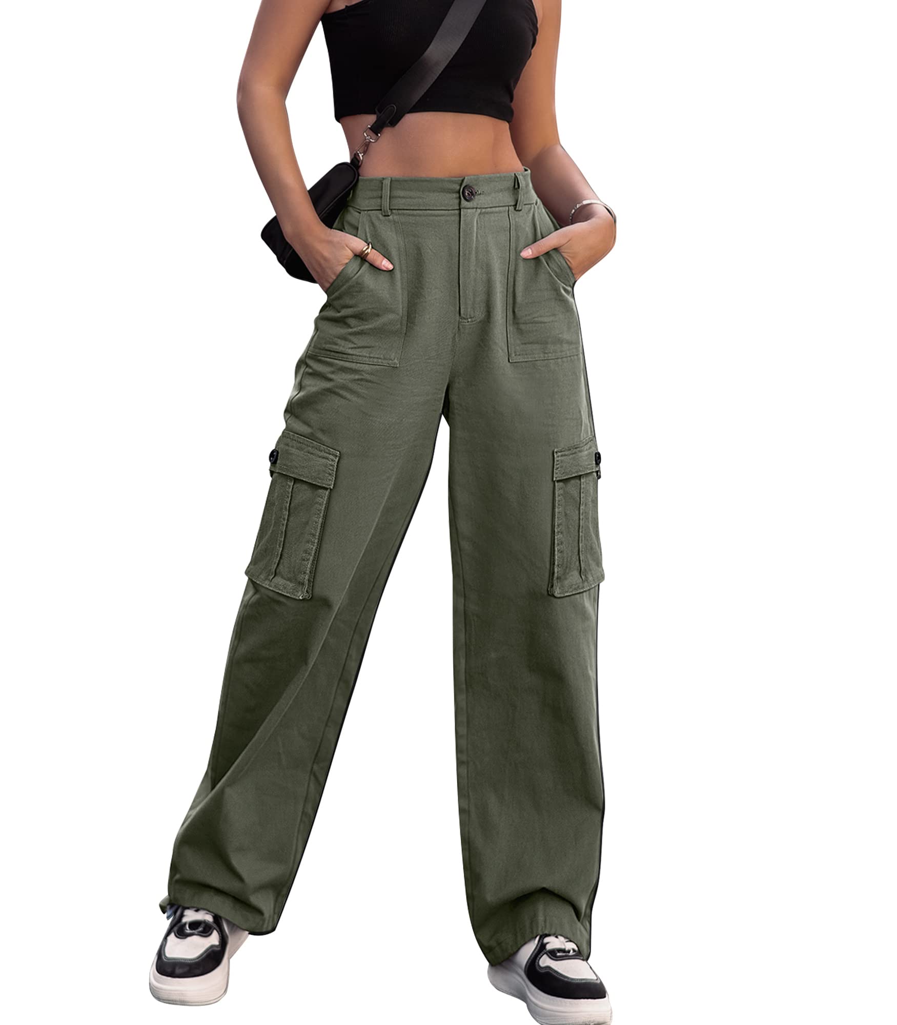 VIHTVIWE Women High Waisted Cargo Pants Wide Leg Casual Pants 6 Pockets Combat Military Trousers
