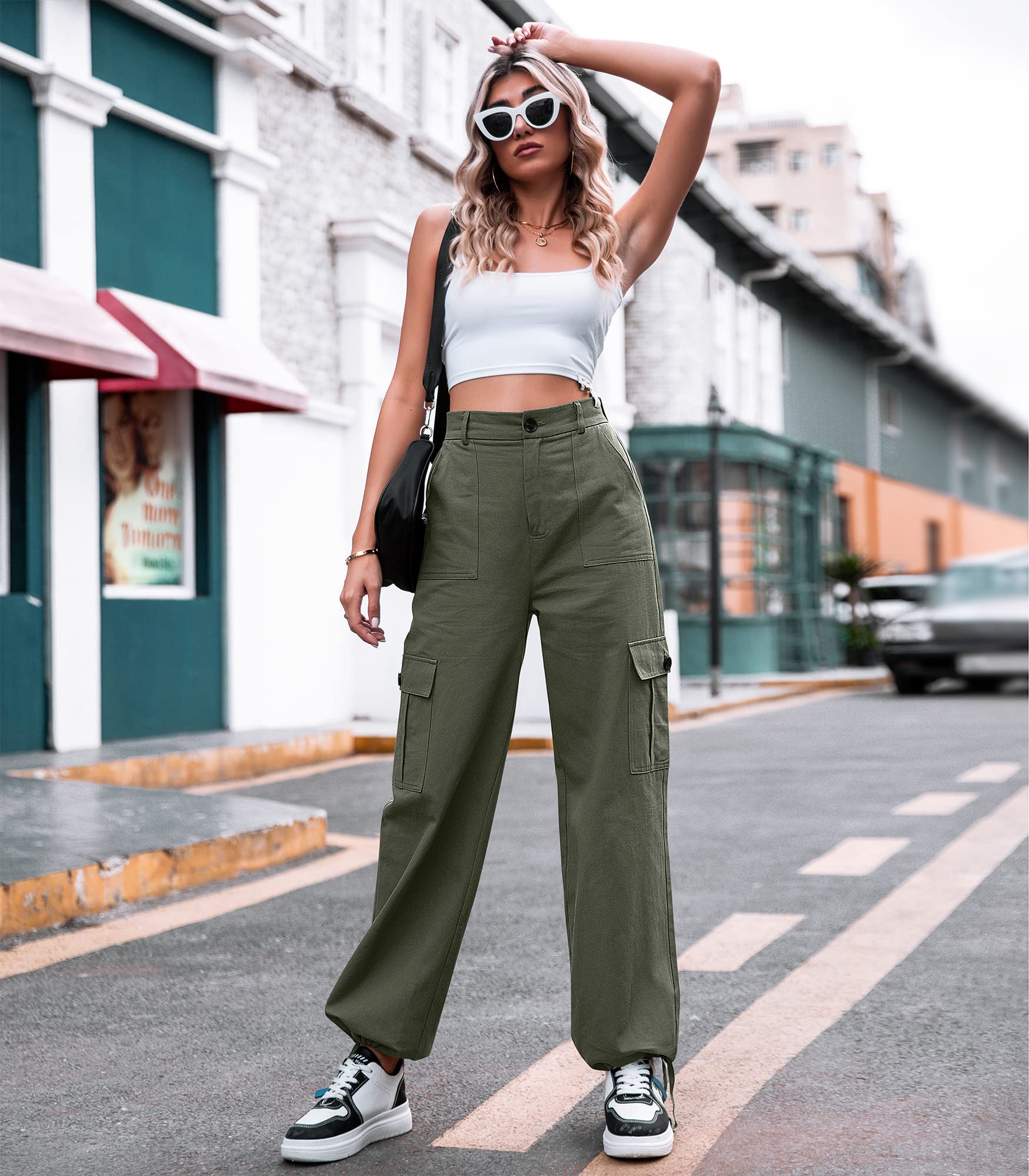 VIHTVIWE Women High Waisted Cargo Pants Wide Leg Casual Pants 6 Pockets Combat Military Trousers