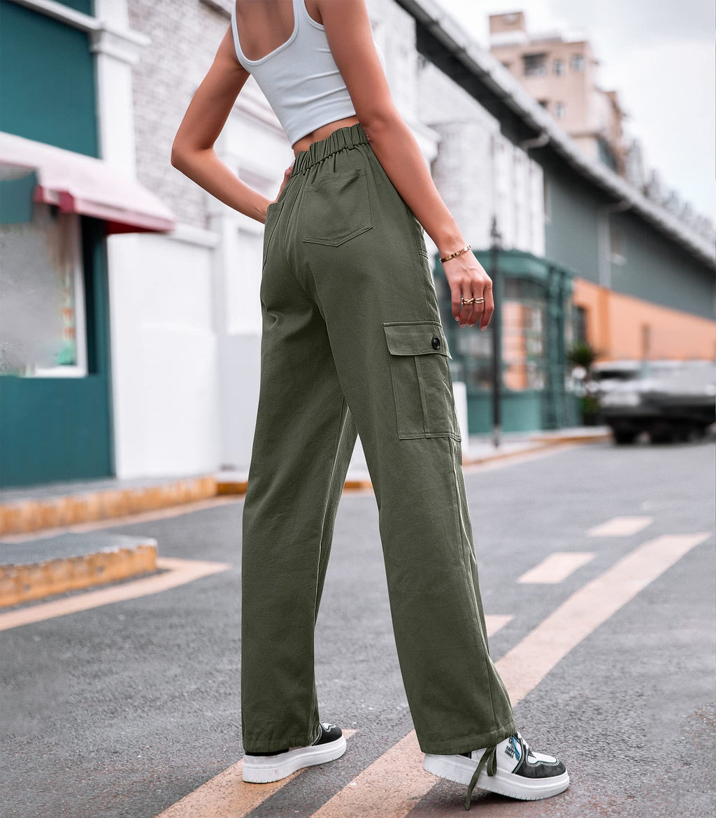 VIHTVIWE Women High Waisted Cargo Pants Wide Leg Casual Pants 6 Pockets Combat Military Trousers