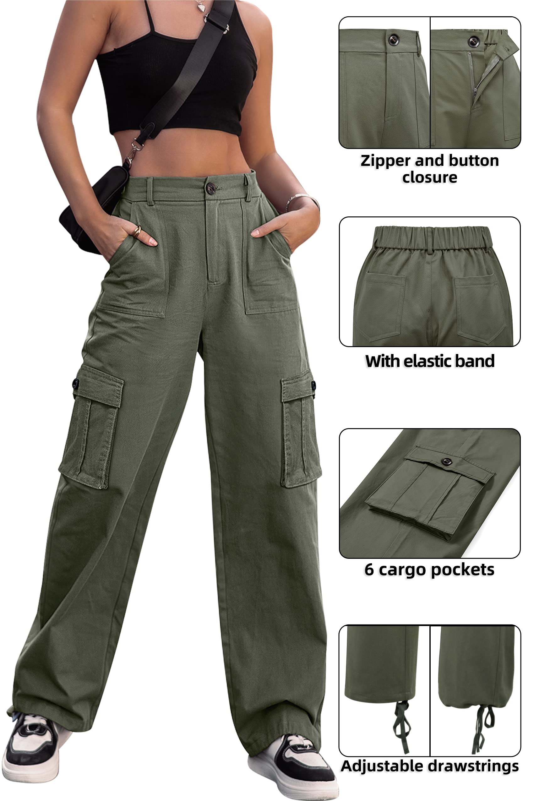 VIHTVIWE Women High Waisted Cargo Pants Wide Leg Casual Pants 6 Pockets Combat Military Trousers