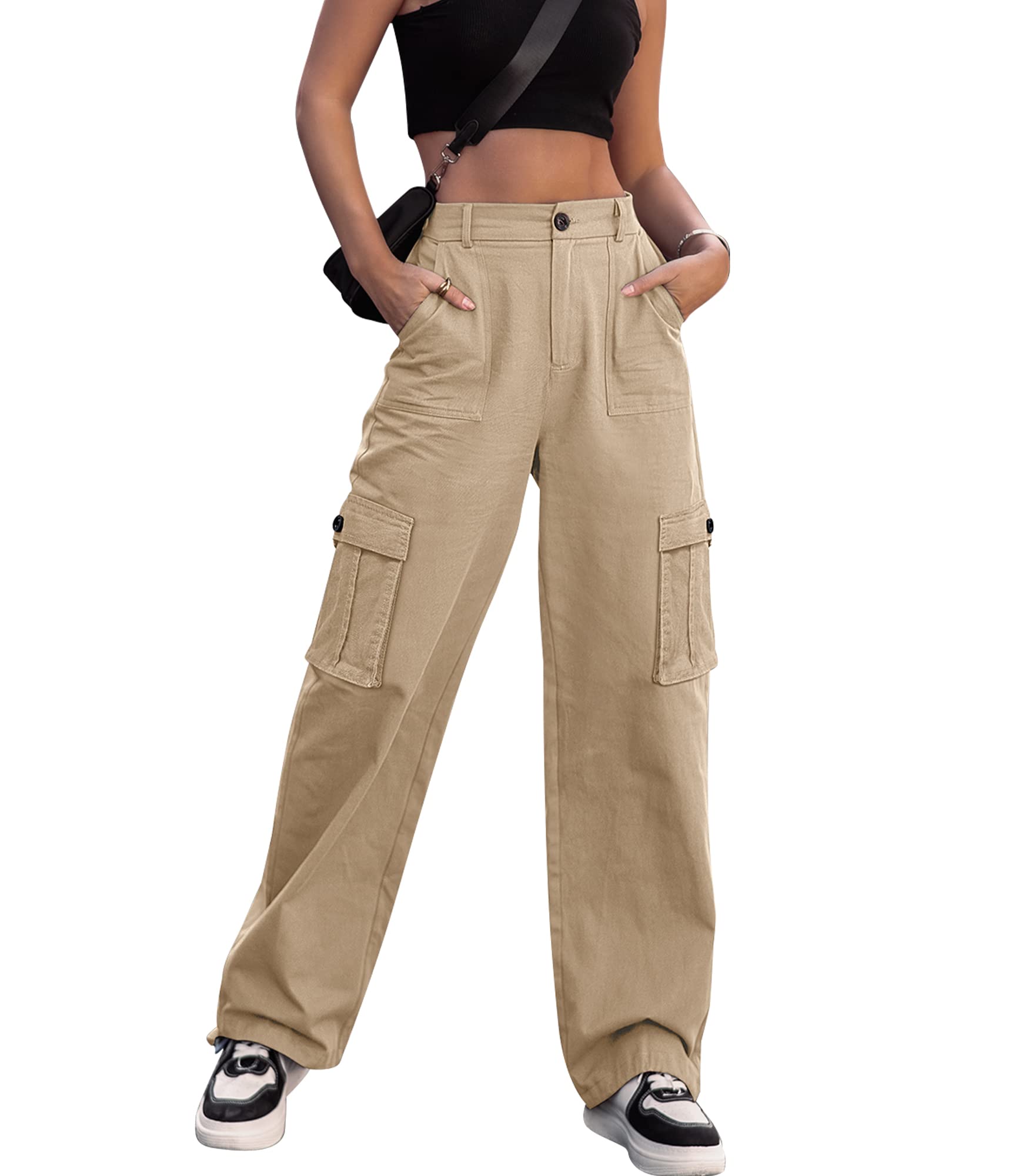VIHTVIWE Women High Waisted Cargo Pants Wide Leg Casual Pants 6 Pockets Combat Military Trousers