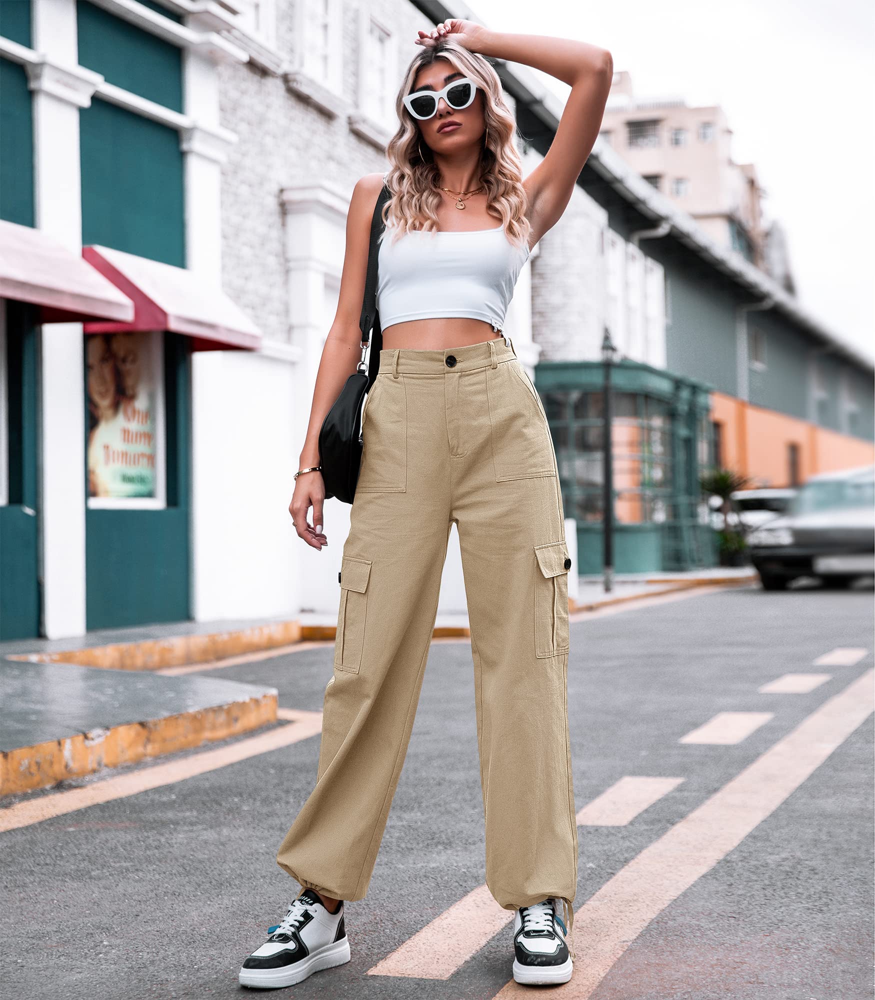 VIHTVIWE Women High Waisted Cargo Pants Wide Leg Casual Pants 6 Pockets Combat Military Trousers