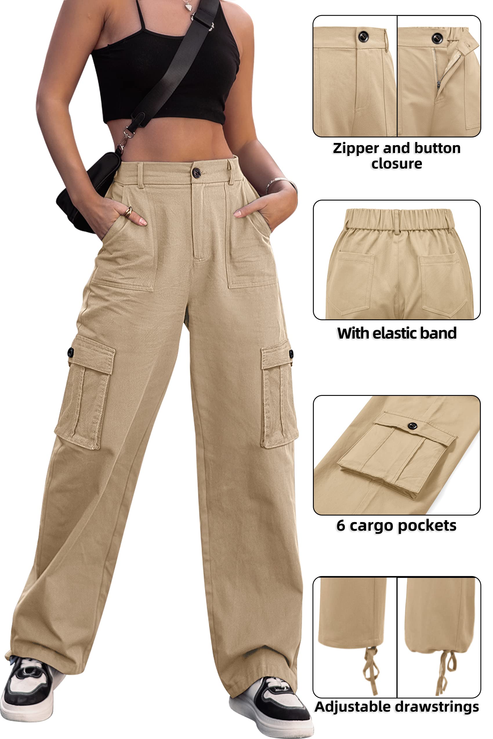 VIHTVIWE Women High Waisted Cargo Pants Wide Leg Casual Pants 6 Pockets Combat Military Trousers