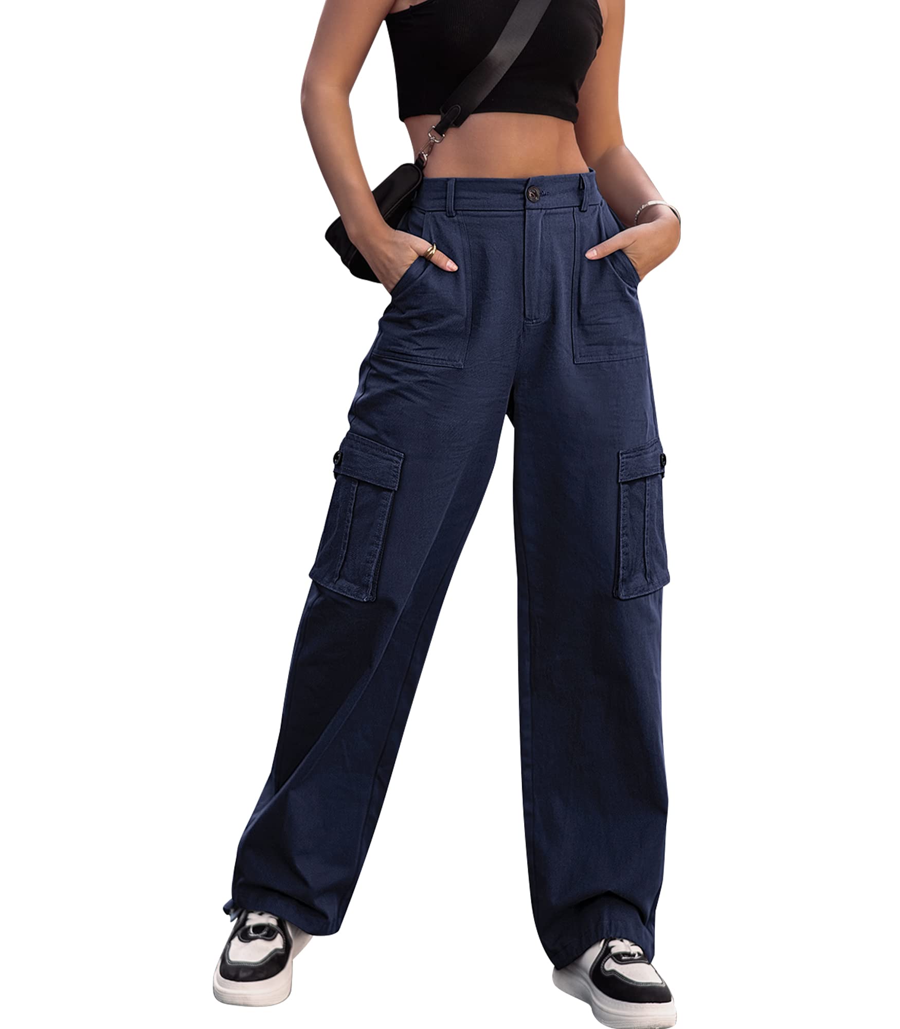 VIHTVIWE Women High Waisted Cargo Pants Wide Leg Casual Pants 6 Pockets Combat Military Trousers