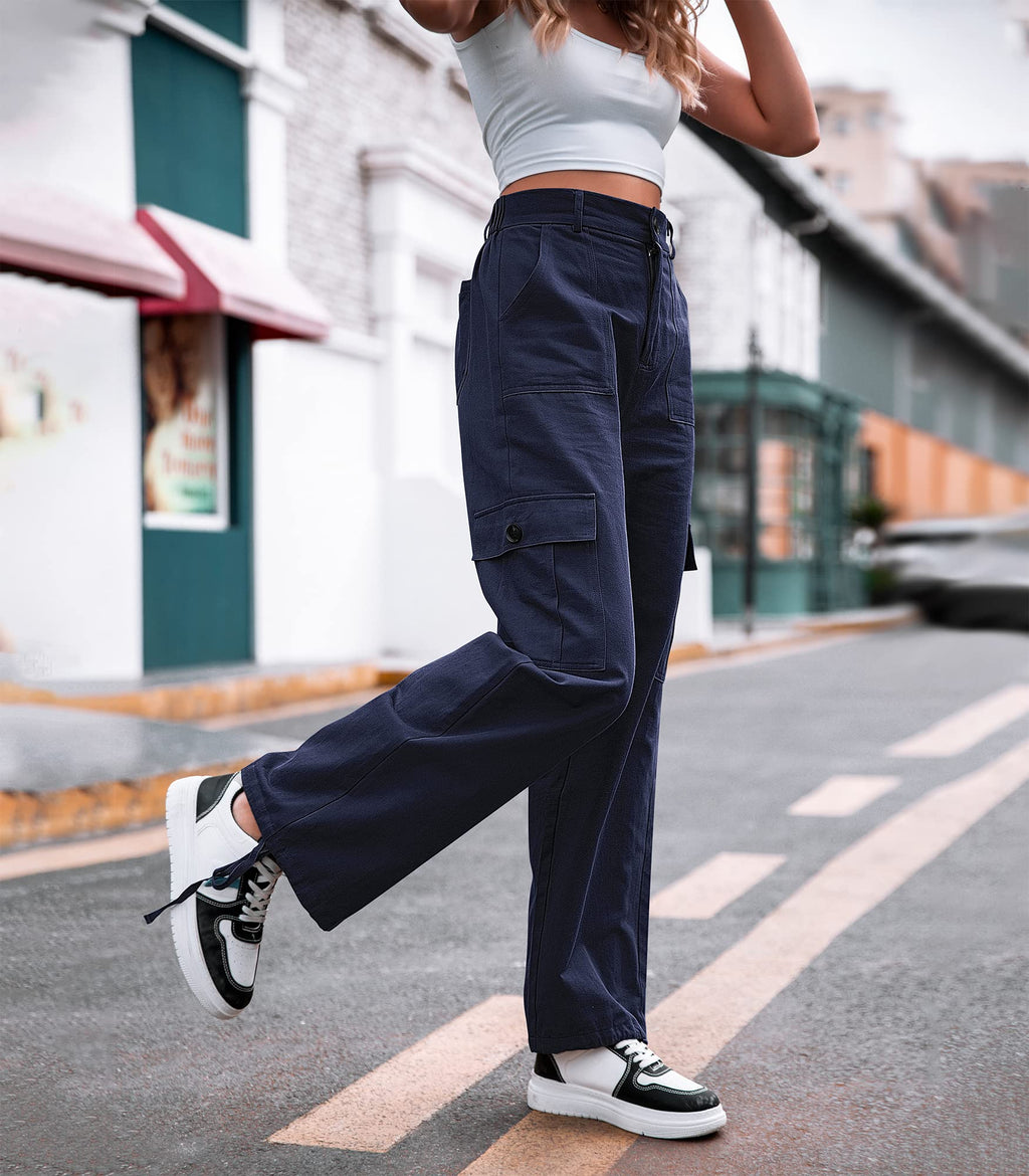 VIHTVIWE Women High Waisted Cargo Pants Wide Leg Casual Pants 6 Pockets Combat Military Trousers