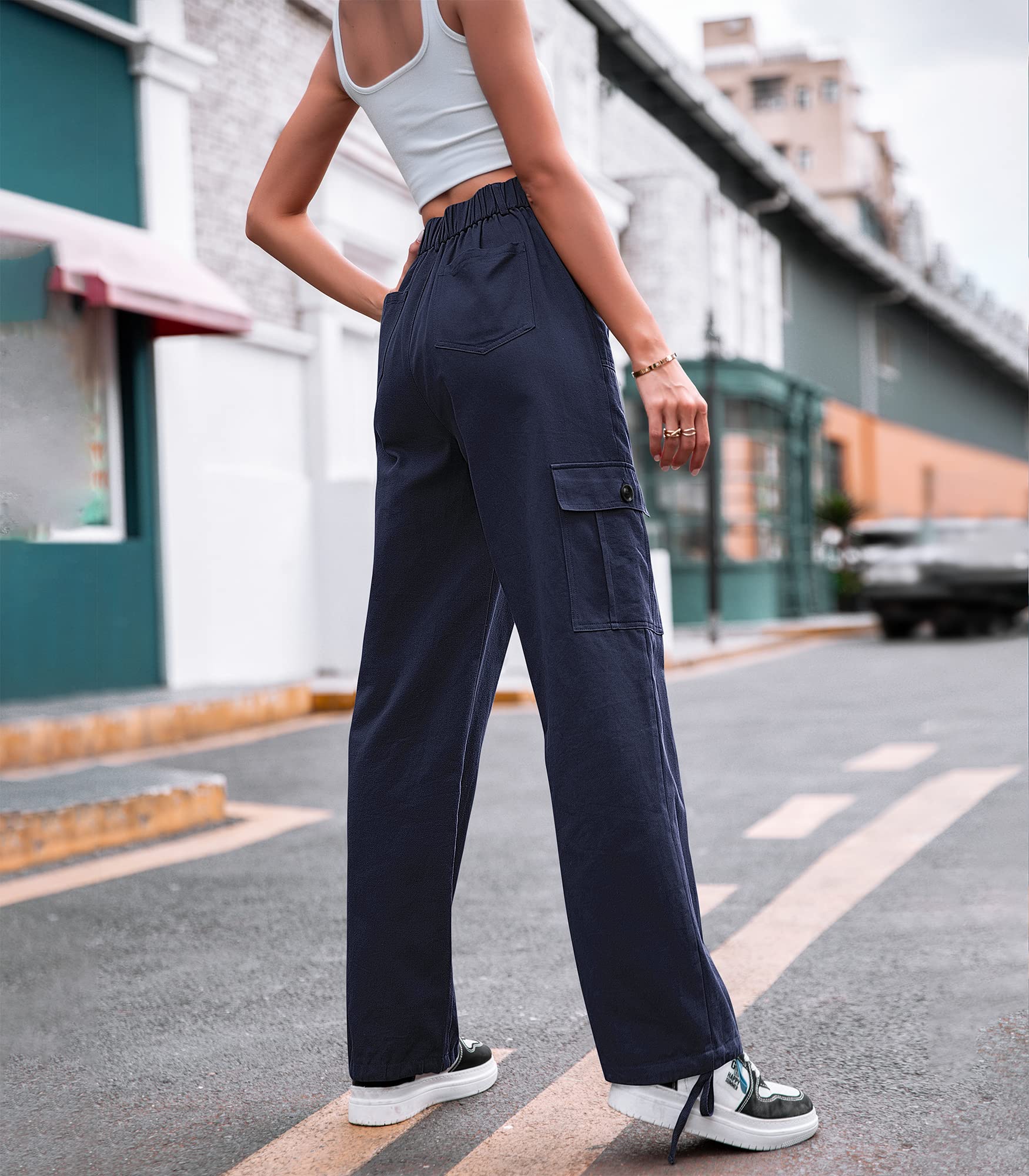 VIHTVIWE Women High Waisted Cargo Pants Wide Leg Casual Pants 6 Pockets Combat Military Trousers