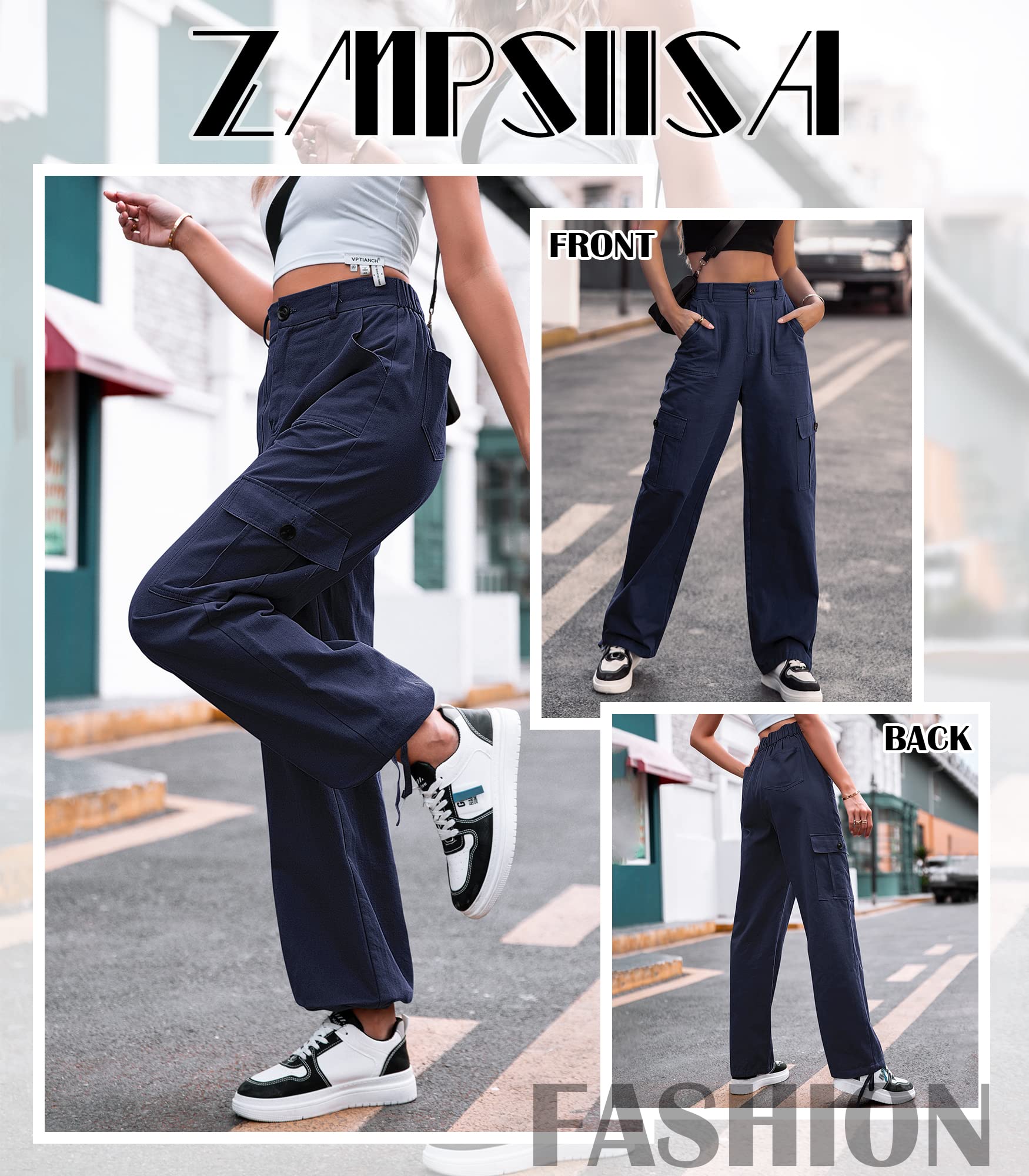VIHTVIWE Women High Waisted Cargo Pants Wide Leg Casual Pants 6 Pockets Combat Military Trousers