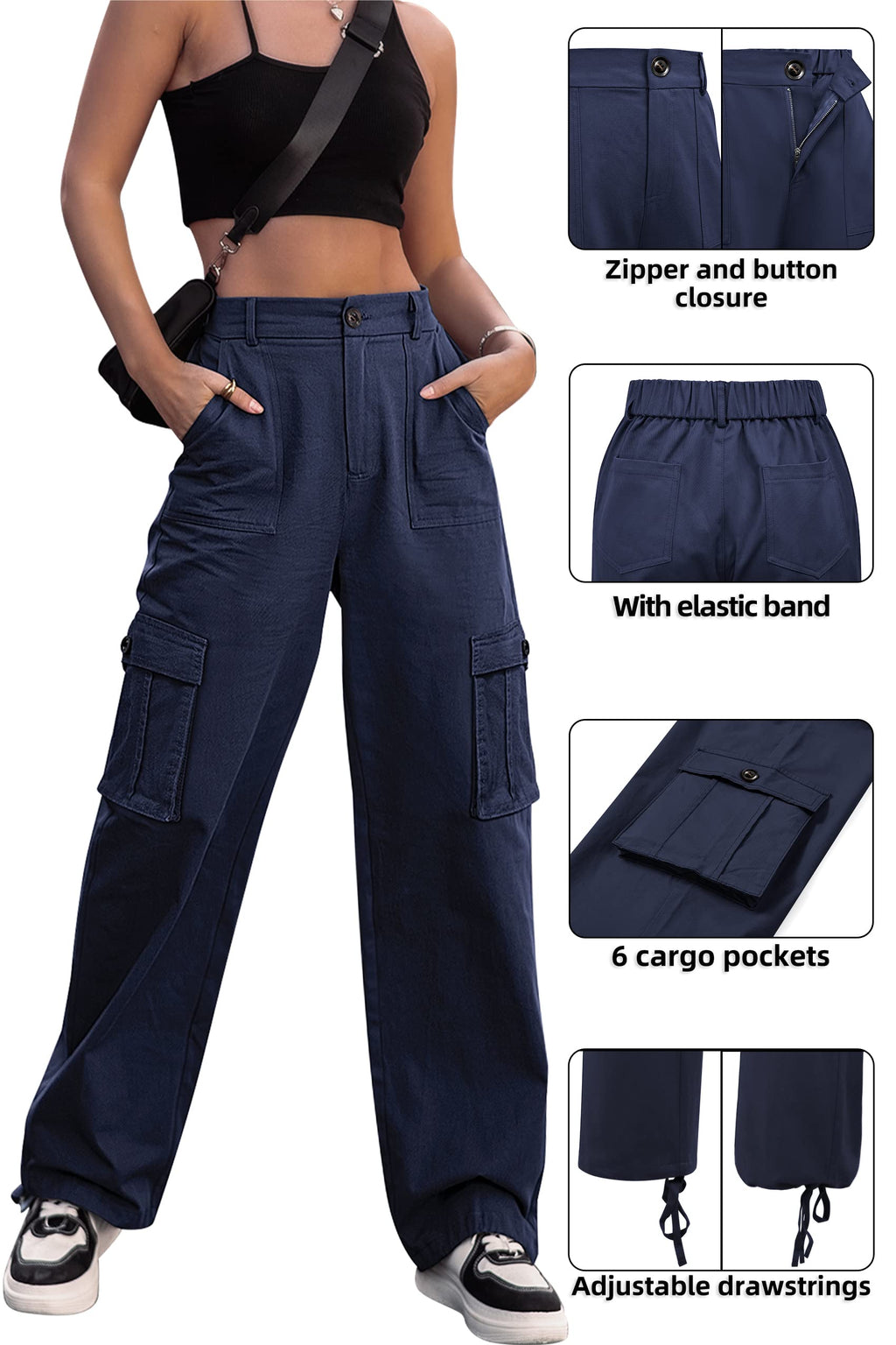 VIHTVIWE Women High Waisted Cargo Pants Wide Leg Casual Pants 6 Pockets Combat Military Trousers