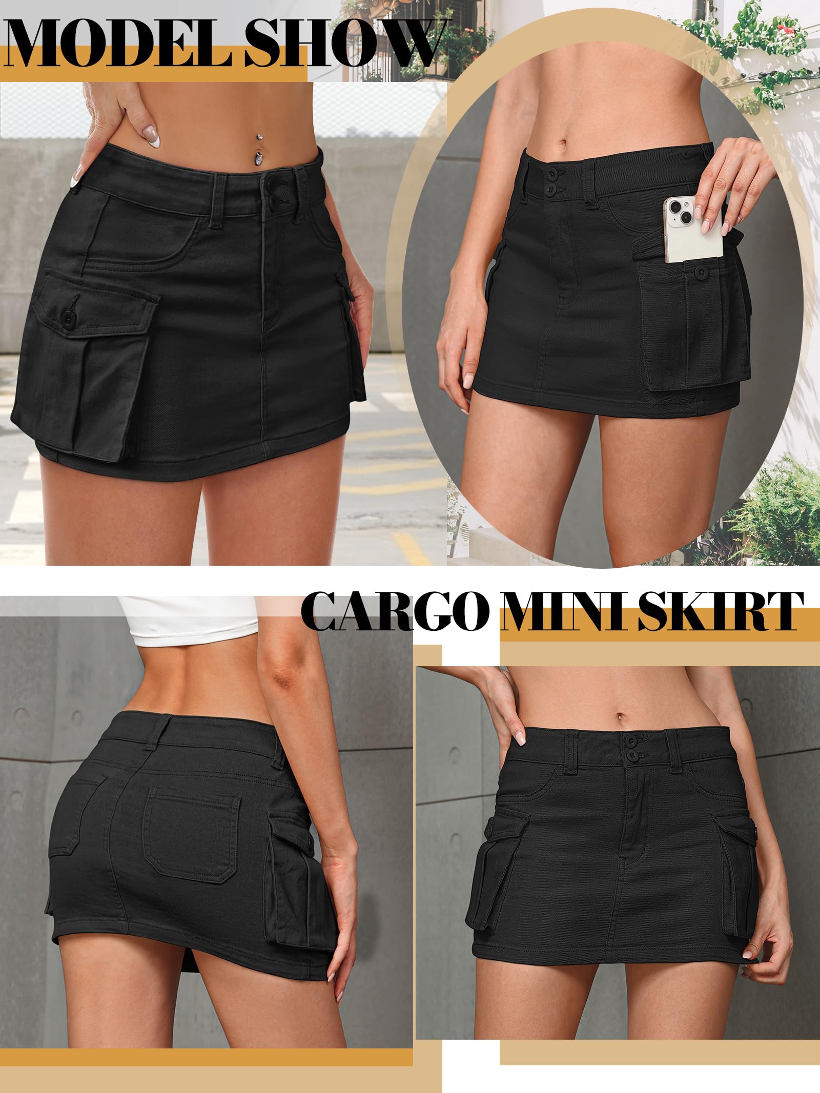 VIHTVIWE Women Denim Cargo Skirt Mini Low Waist Button Bodycon Y2K Flap Pockets Skirts